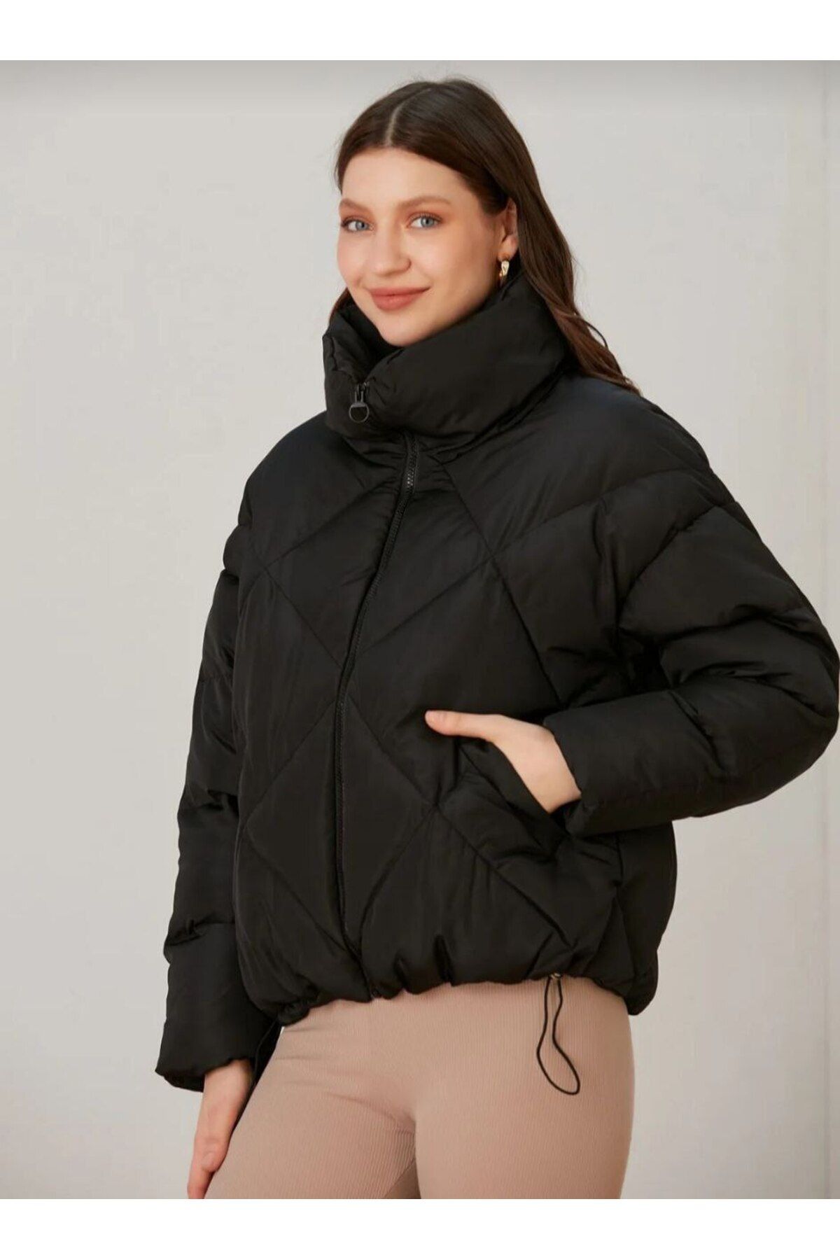 Doudoune oversize à col large motif losange pour femme - Görsel 3