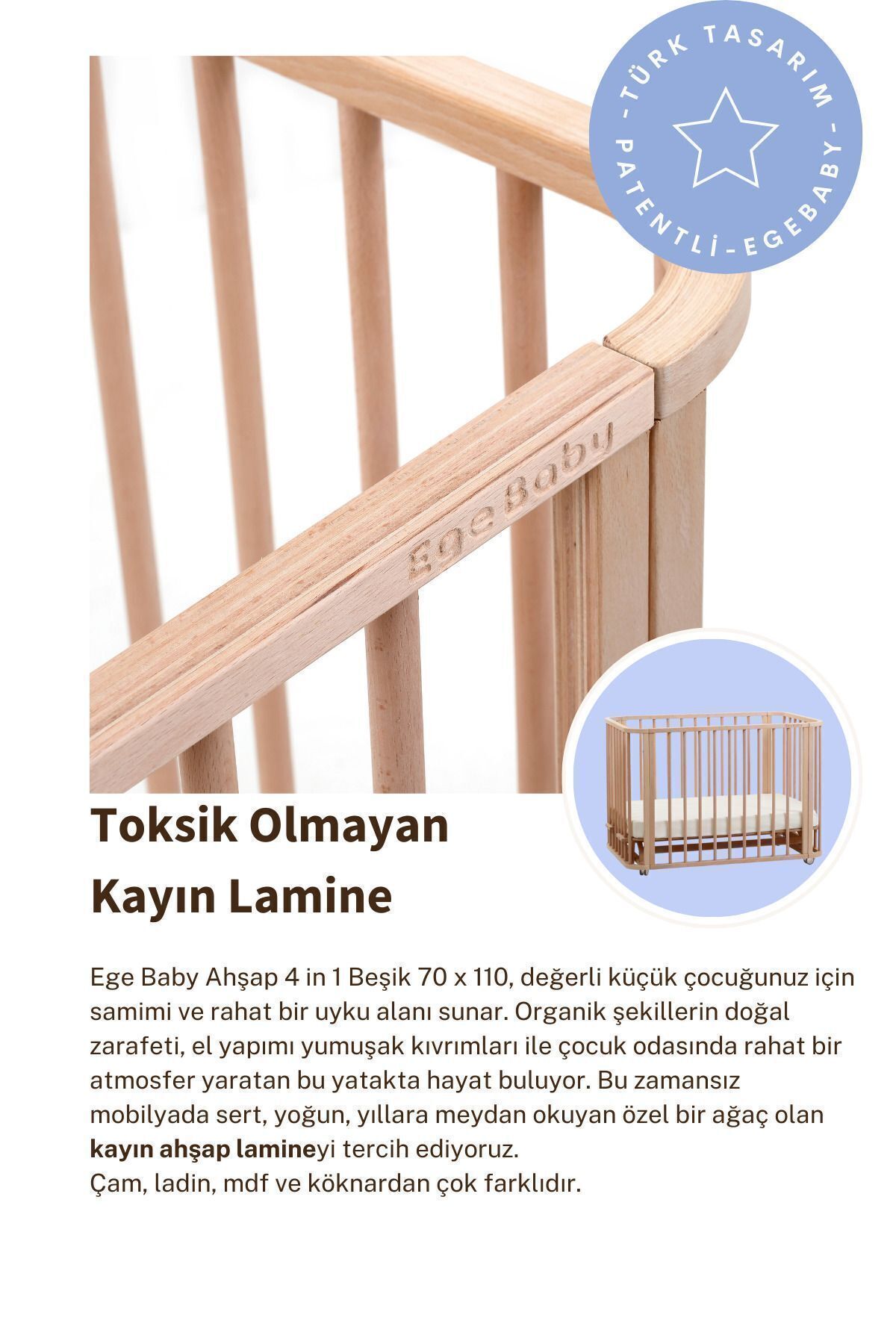 EGEBABY Doğal Ahşap 4in1 Beşik Takım (BL) 70 X 110-anneyanı, Karyola, Oyun Parkı, Montessori Junior Yatak fotoğrafı 3 (önizleme)