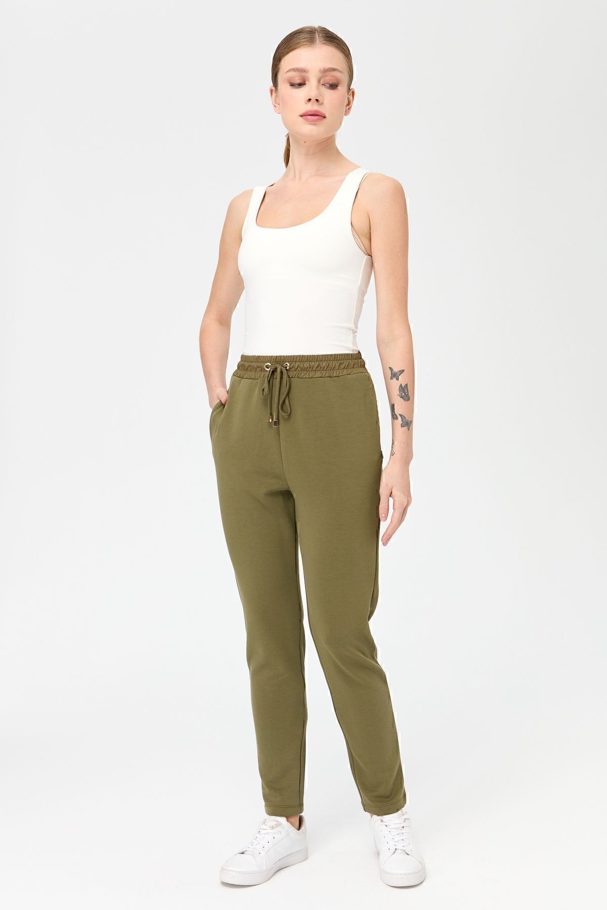 Desen Triko Pantaloni De Trening Cu Buzunare, Cu Șireturi, Pentru Femei, Kaki Femeie - M