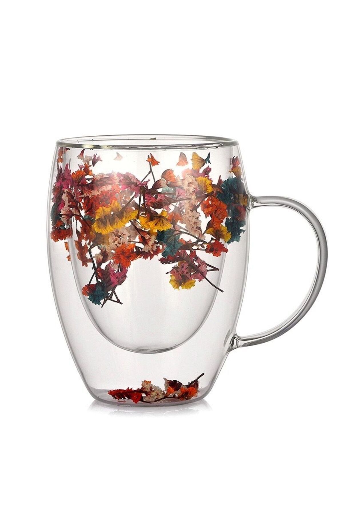 Vivien Home Isıya Dayanıklı Borosilikat Çift Çidarlı Flower Cup Çiçekli Bardak | Çiçekli Kahve Sunum Bardağı