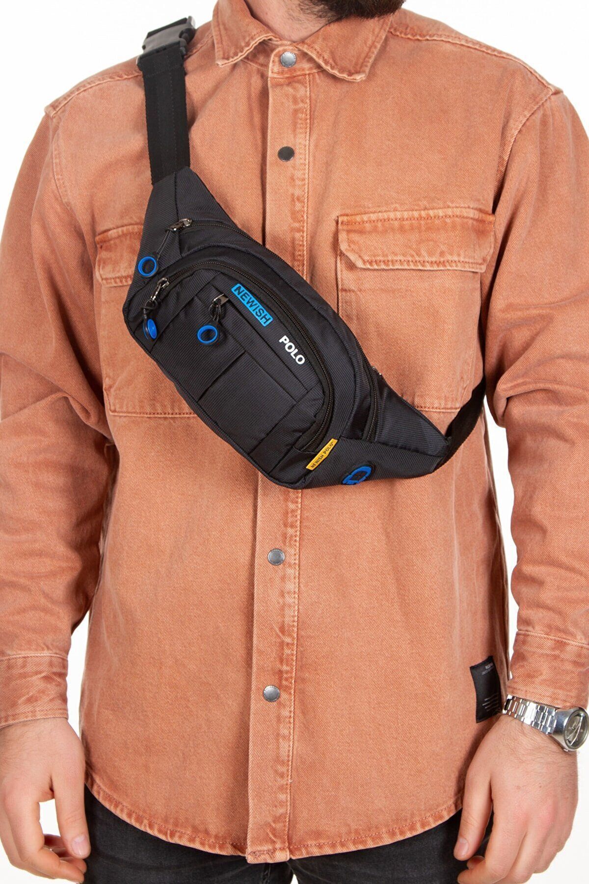 tuldar Siyah Kumaş Usb Kulaklık Çıkışlı Crossbody Çapraz Göğüs Omuz Ve Bel Çantası görsel 4