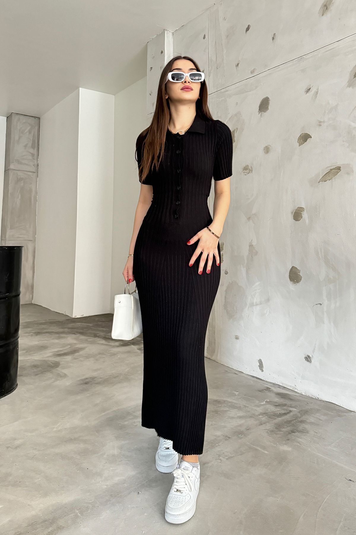 Cistern İstanbul-Γυναικείο Πλεκτό Φόρεμα Μαύρο Κορδόνι Μακρύ Πόλο Γιακά 4