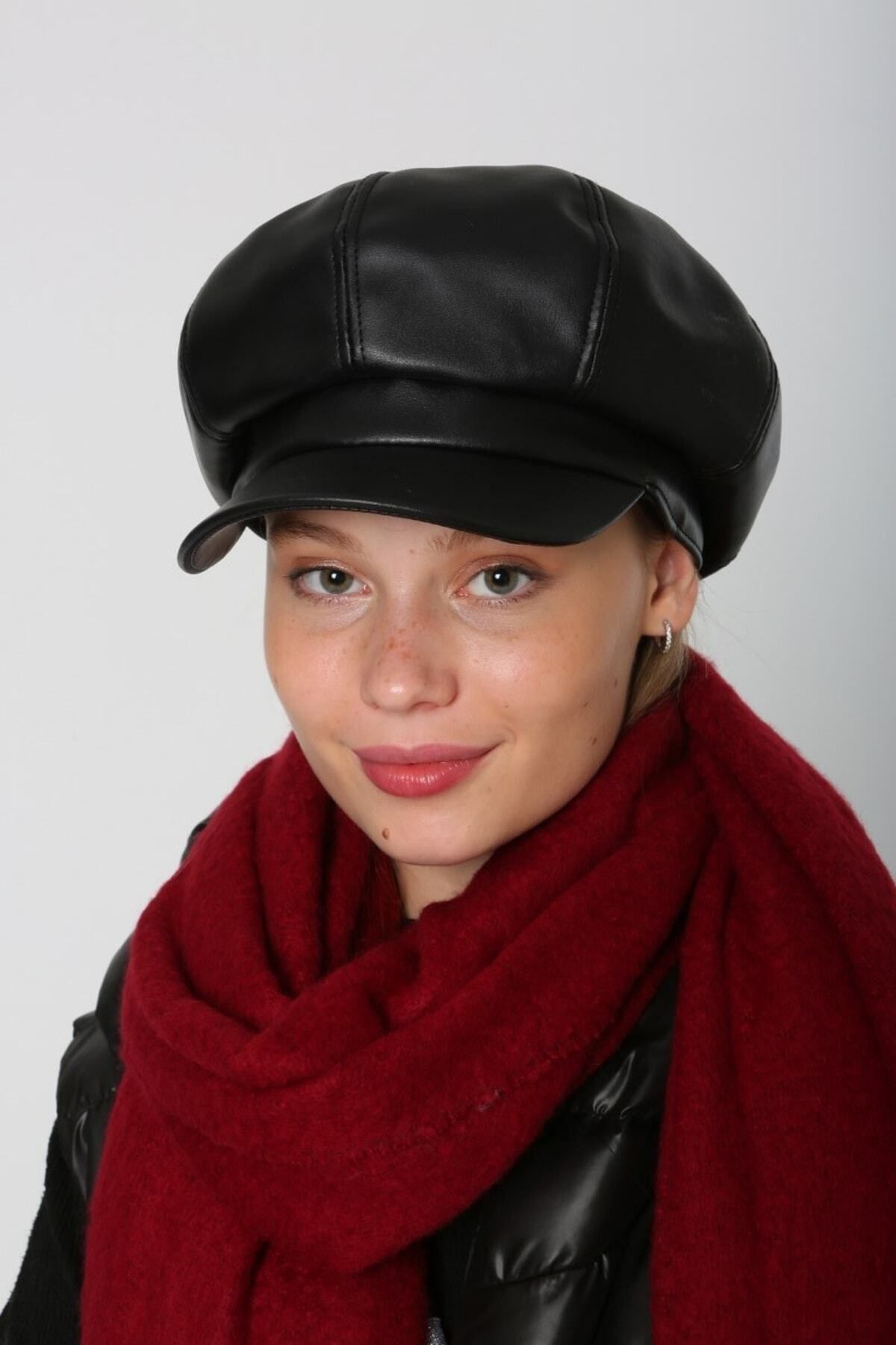 Luminos Butik-Black Leather Hat - Button Detailed and Visor Design Spk1131 4