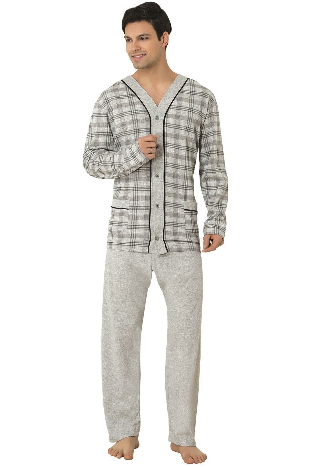 Mecit Pijama-Plus Size Gray Pajama Set - Front Button 2710 1