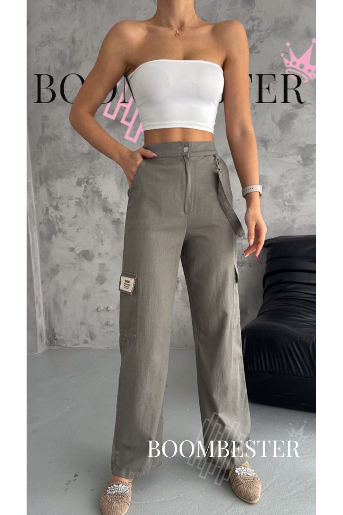 Women's Linen Cargo Pants Khaki - High Waist, Wide Leg, Multiple Pockets