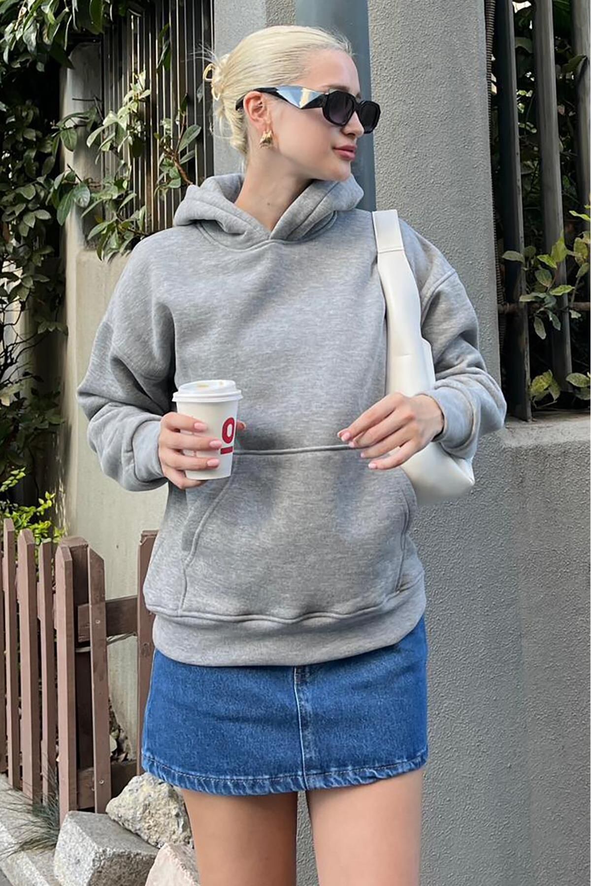  Madmext Grimelanj Kapü?onlu ?ardonlu Oversize Cepli Sweatshirt