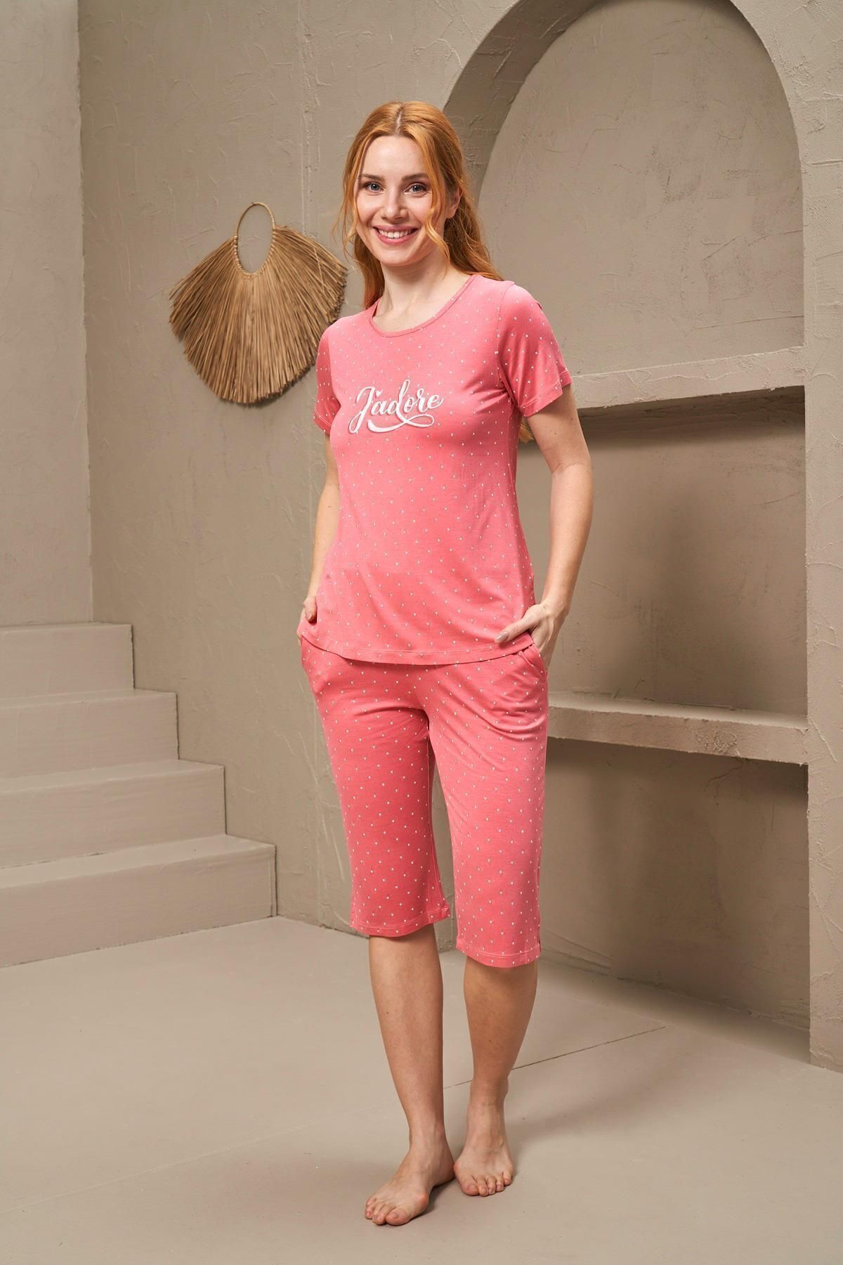 PJS-25164 Women's Round Neck Short Sleeve Polka Dot Capri Suit 2