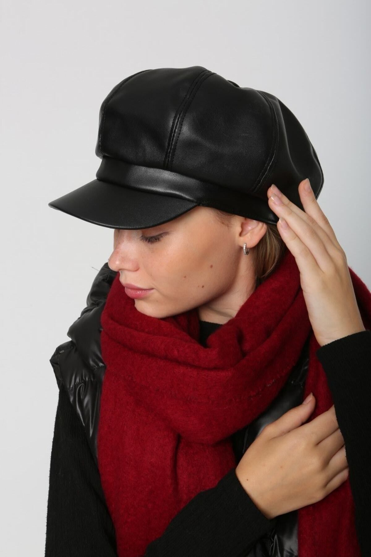 Luminos Butik-Black Leather Hat - Button Detailed and Visor Design Spk1131 6