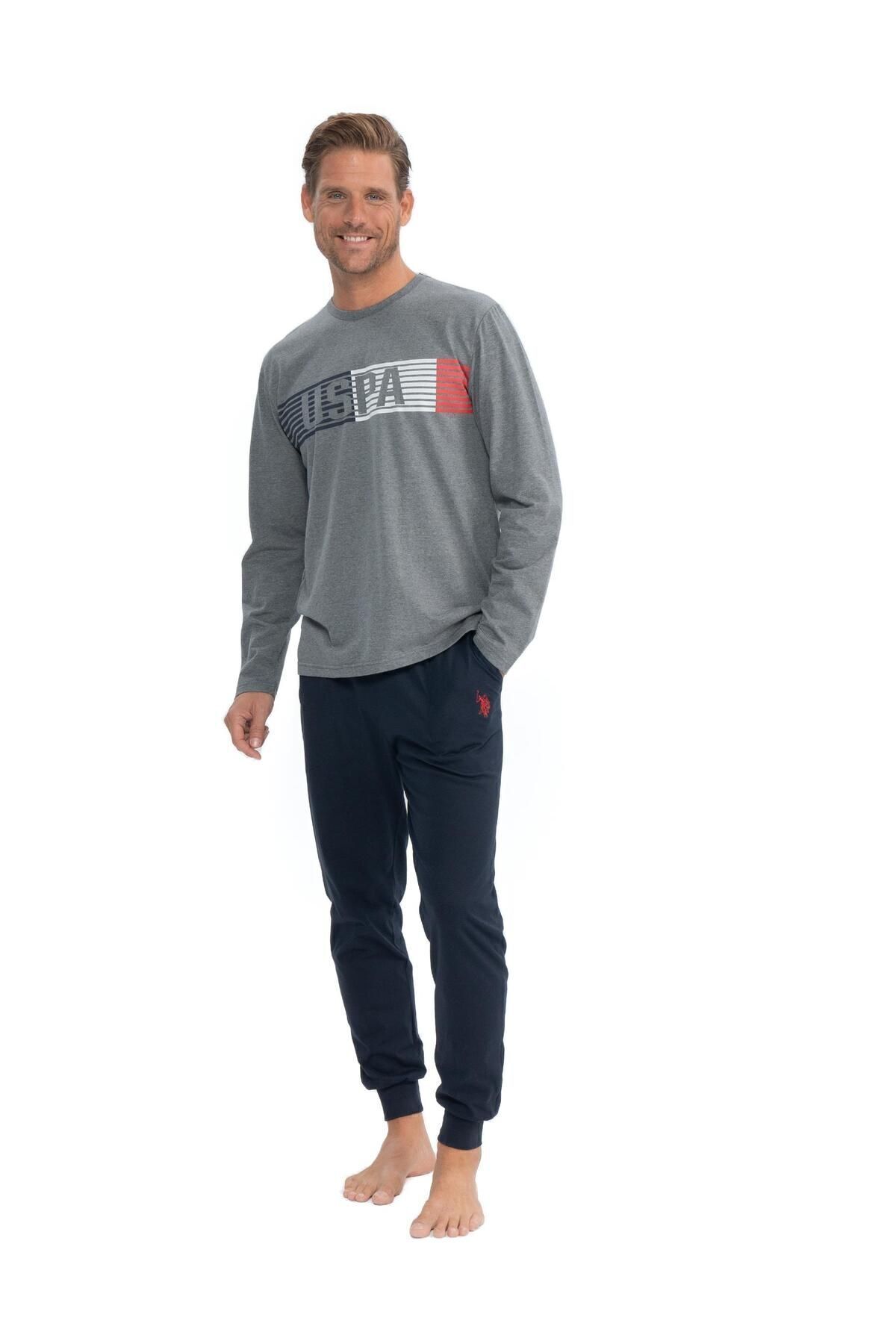 یو اس پولو ست لباس خواب مردانه یقه گرد طرح ملانژ آنتراسیت از برند U.S. Polo Assn. مدل APL KPM.AE.1.ST8.R.8A.OU3.P0.KM11