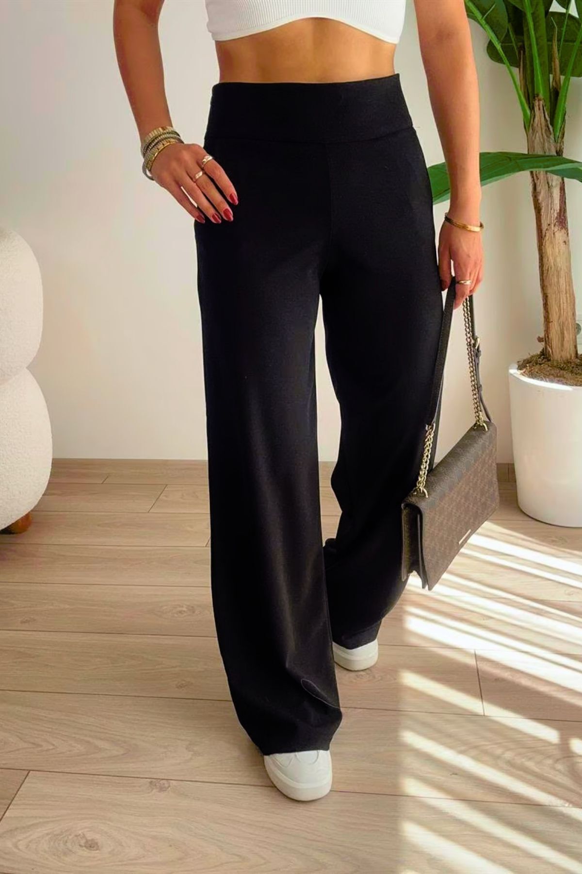 Şanss Butik  Kadın Kalın Kemer Beli Korsajlı Likralı Bol Paça Pantolon - Görsel 5