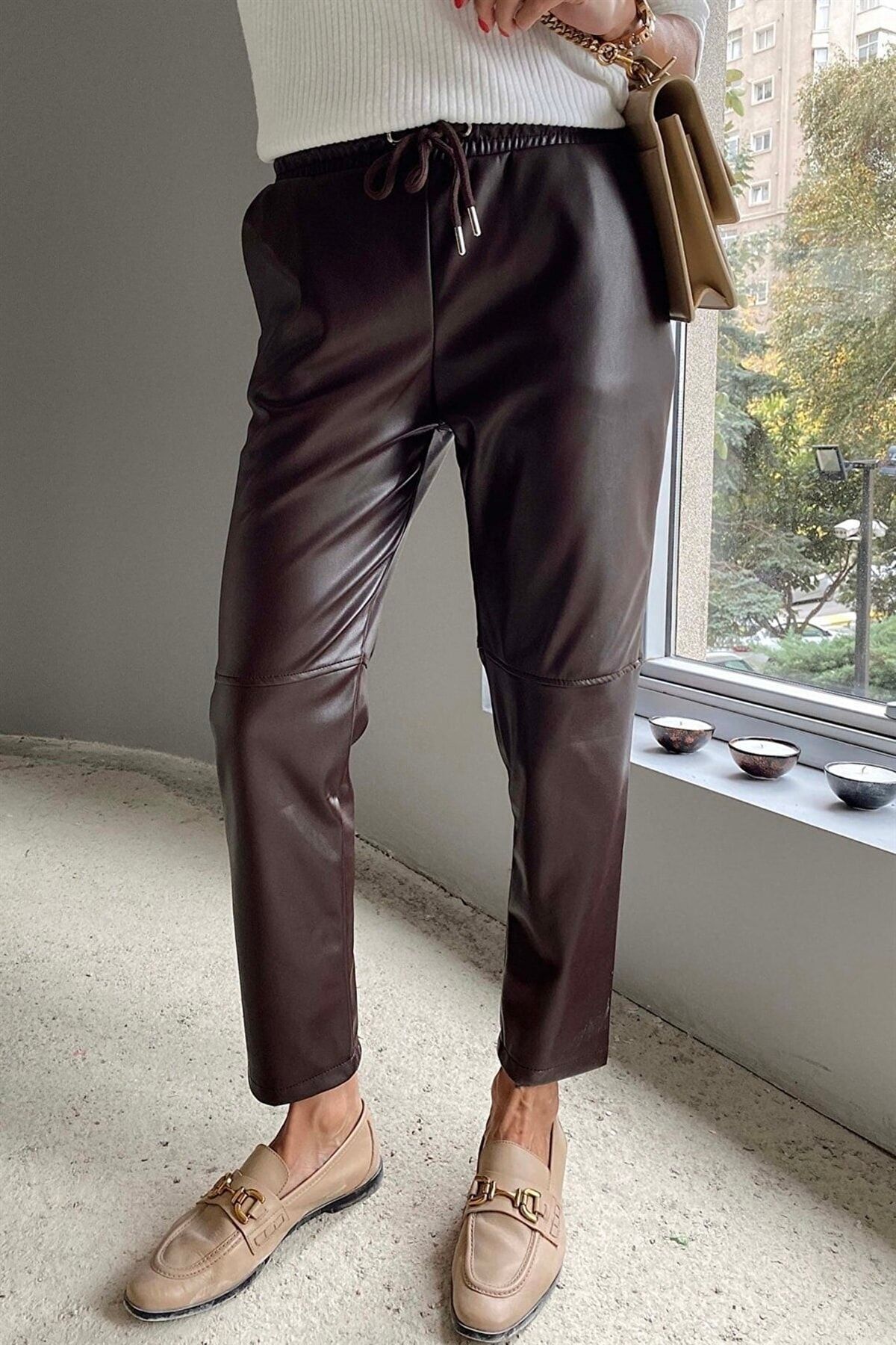 LOS FECHKA Barna bőrnadrág - fűzős derék