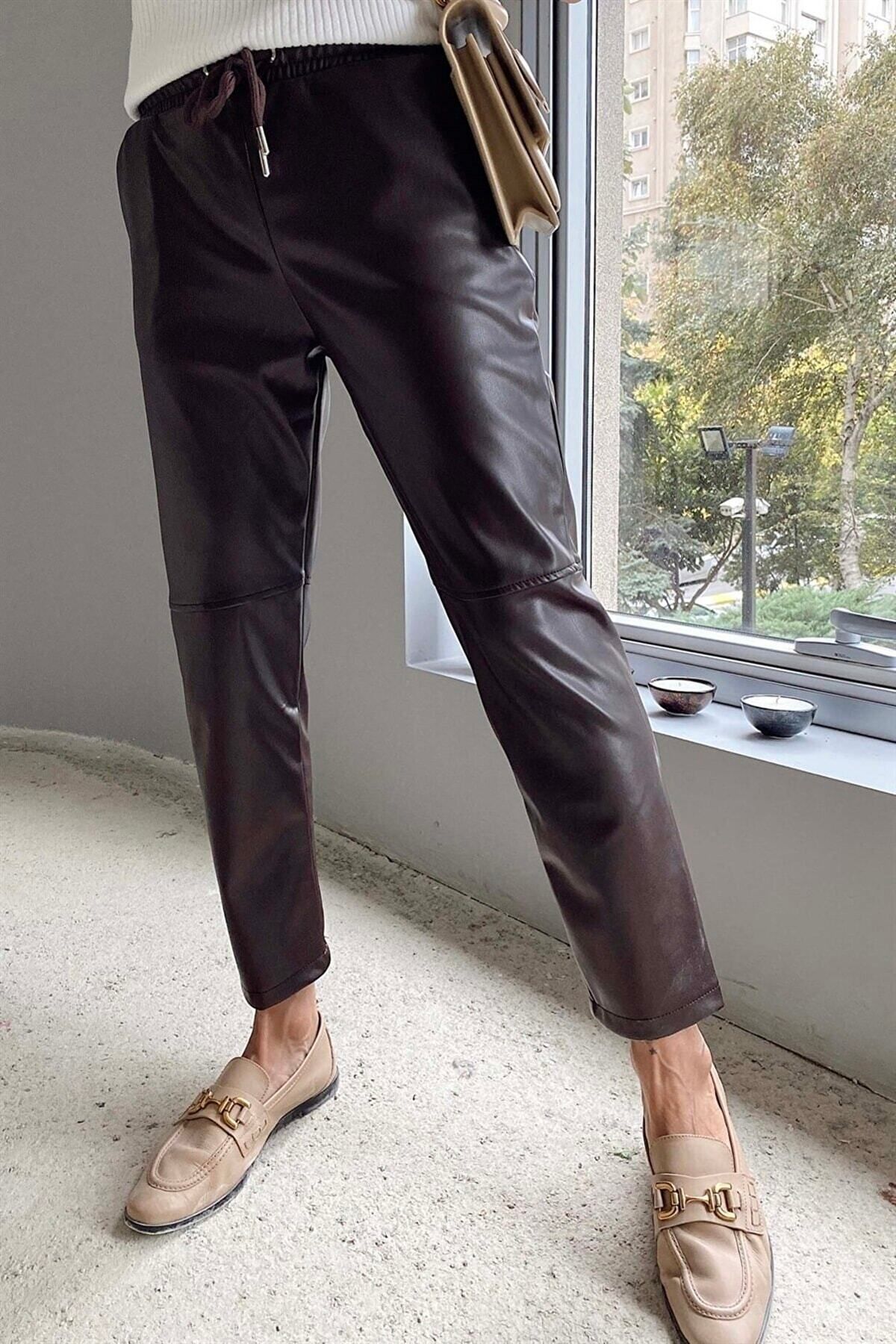 LOS FECHKA Barna bőrnadrág - fűzős derék