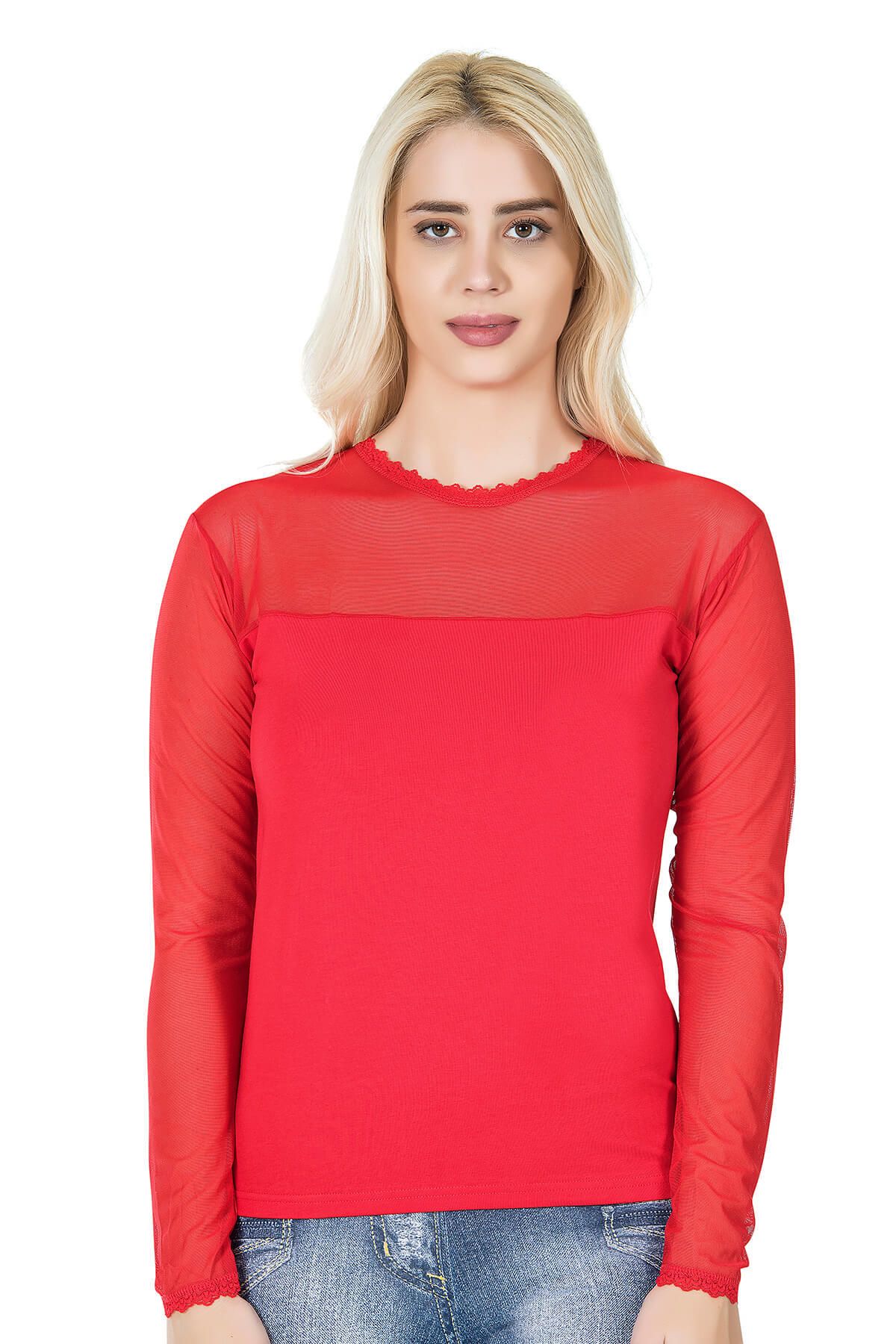 ASFSTORE Uzun Kol Transparan Yaka Kadın Tişört 293