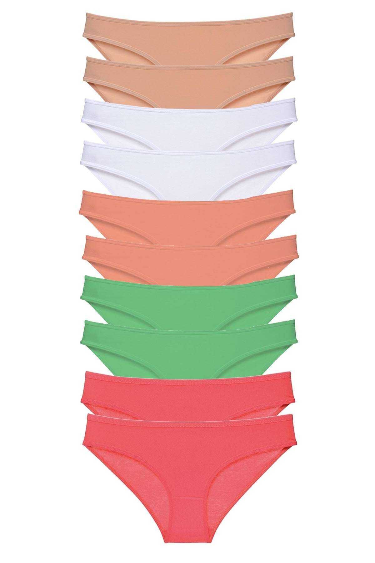 BEŞMİNARE 10 adet Süper Eko Set Likralı Kadın Slip Külot Ten Beyaz Pudra Yeşil Fuşya