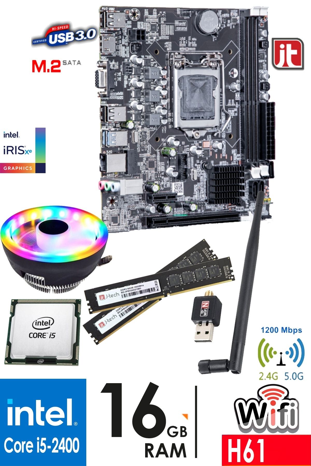 jetucuzal B24 i5-2400 3.40GHz 16GB RAM H61 Anakart 1200Mbps WiFi CPU Fan Bundle Anakart Komple SET