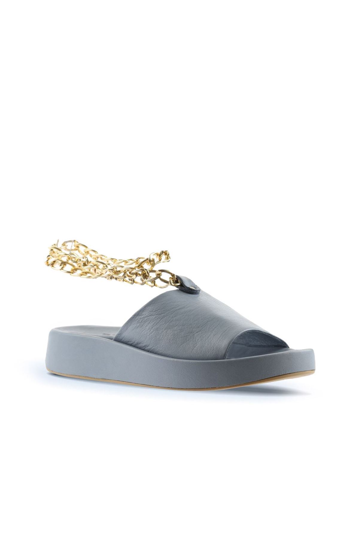 Bueno Shoes-Μπλε Δερμάτινες Γυναικείες Παντόφλες Flat 01wu4637 3