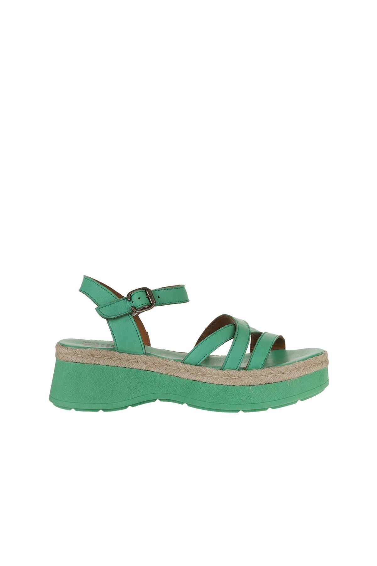 Bueno Shoes-Sandale de damă din piele verde închis - toc pană 01wy8203 2