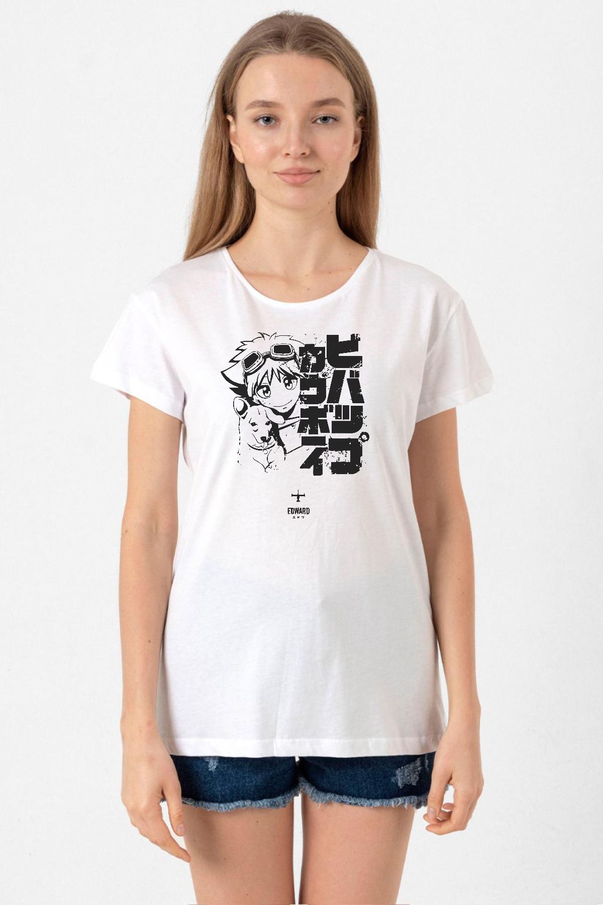 Tshirthane-Cowboy Bebop Vintage Ein and Ed White Women's Crew Neck T-shirt 1