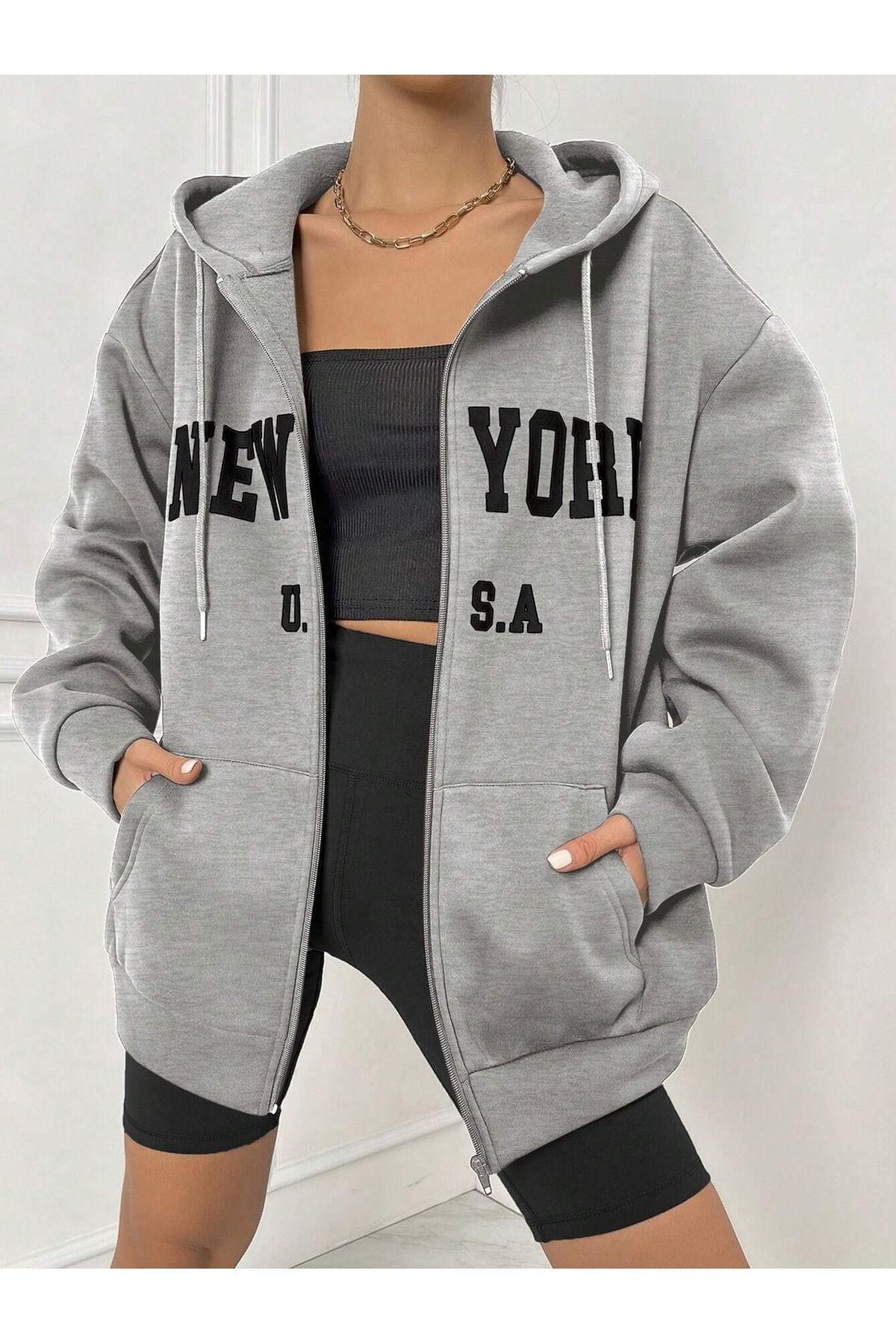 FoxSkin Sportswear&Company New York Fermuarlı Kışlık Hırka - Gri Baskılı Oversize Şardonlu Kapüşonlu