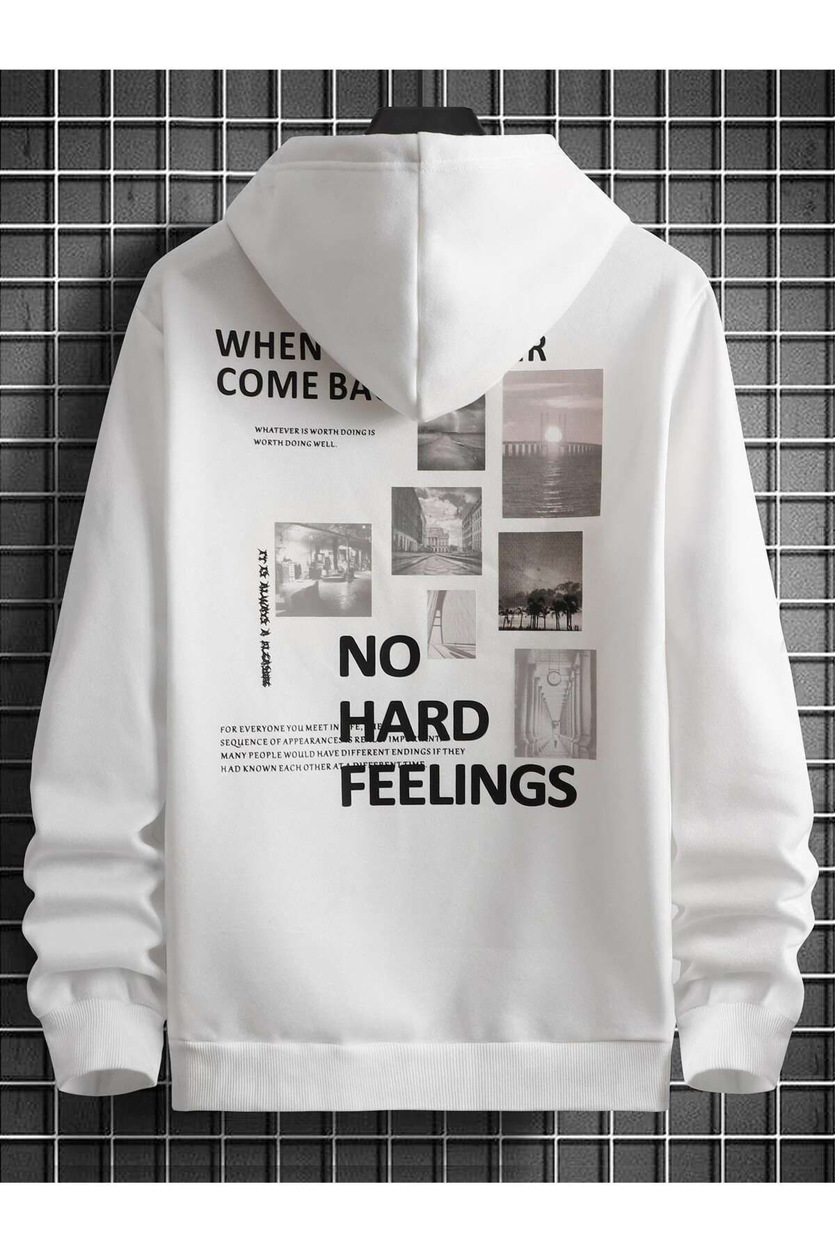 FoxSkin Sportswear&Company Hard Feelings Kalın Kışlık Sweatshirt - Beyaz Baskılı Oversize Şardonlu Cepli Kapüşonlu