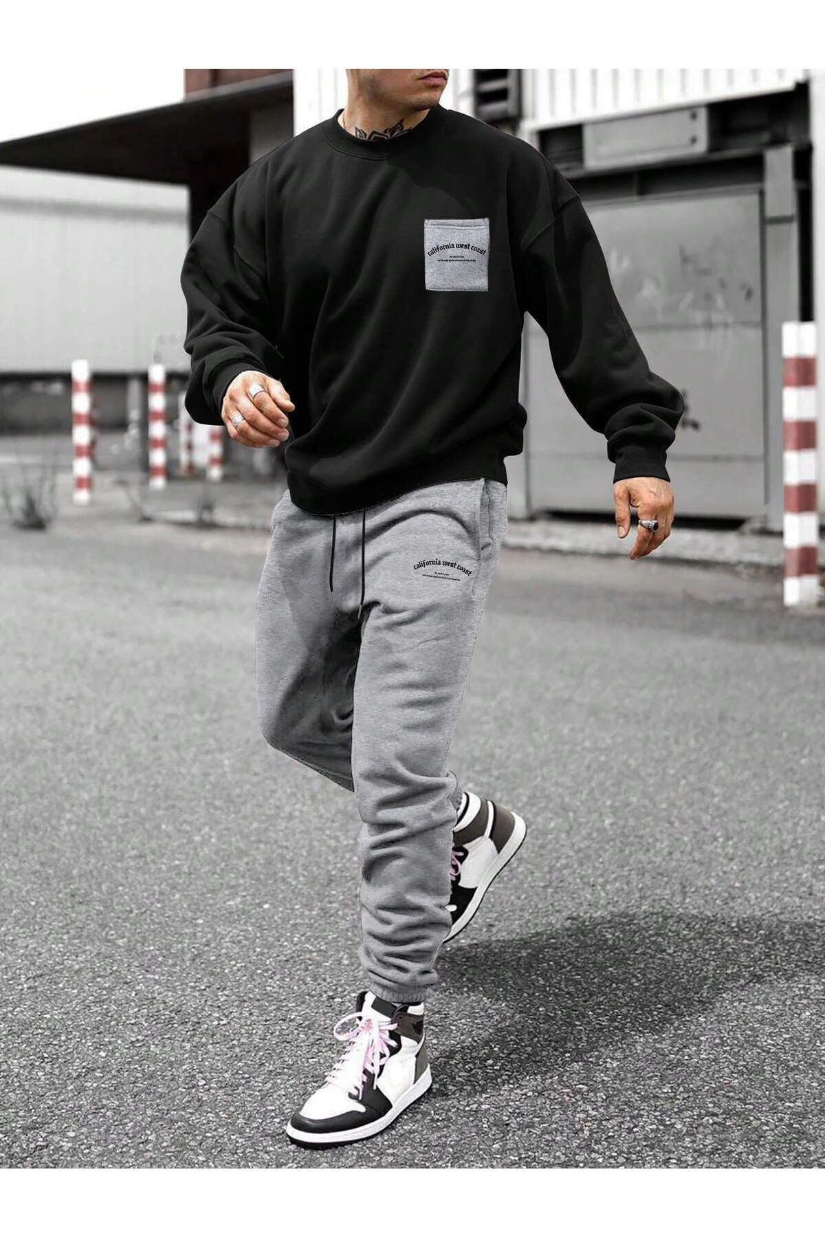 FoxSkin Sportswear&Company California Cep Sweatshirt Jogger - Siyah Gri Baskılı Alt Üst Eşofman Takımı Bisiklet Yaka