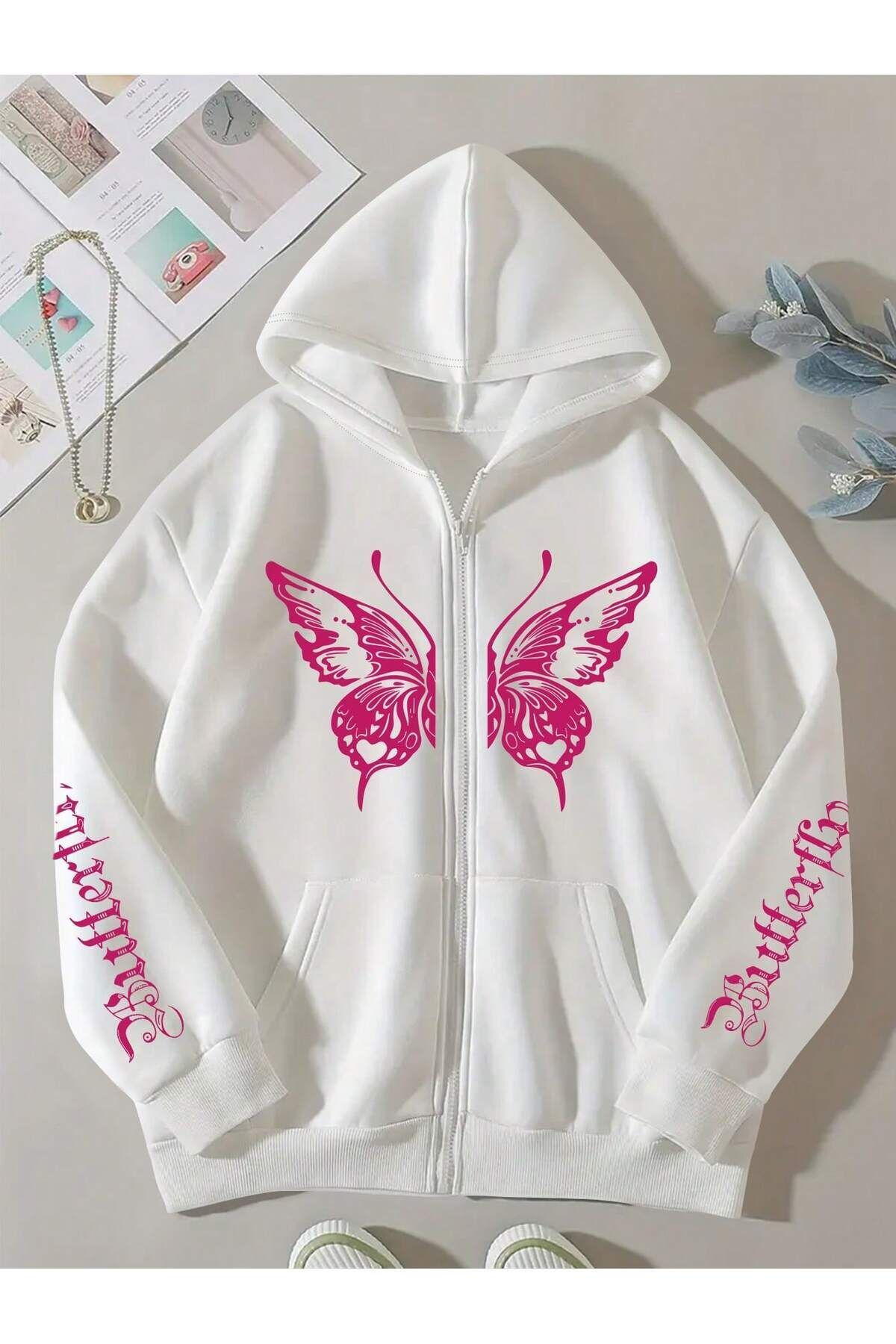 FoxSkin Sportswear&Company Butterfly Detaylı Fermuarlı Kışlık Hırka - Beyaz Baskılı Oversize Şardonlu Kapüşonlu