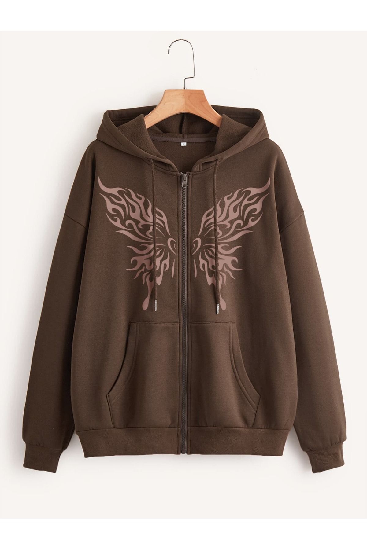 FoxSkin Sportswear&Company Kelebek Desen Fermuarlı Kışlık Hırka - Kahverengi Baskılı Oversize Şardonlu Kapüşonlu