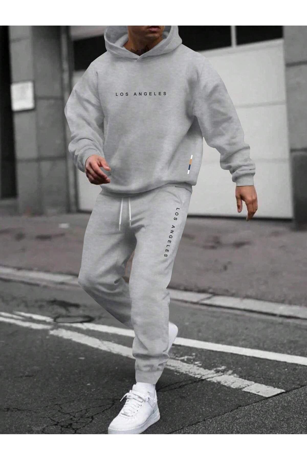 FoxSkin Sportswear&Company Los Angeles Detay Sweatshirt Eşofman Altı Jogger - Gri Baskılı Alt Üst Eşofman Takımı Kapüşonlu