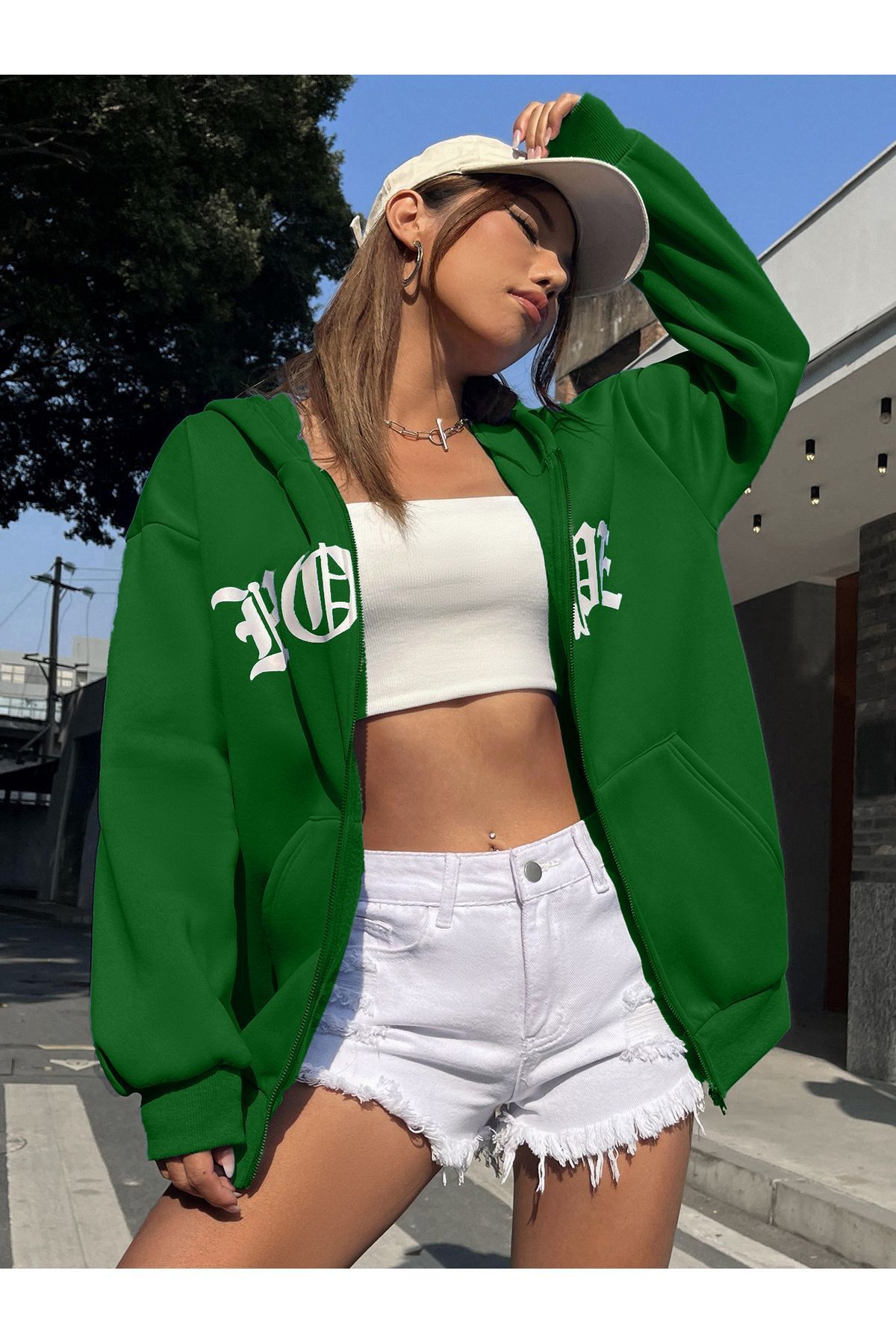 FoxSkin Sportswear&Company Nope Fermuarlı Kışlık Hırka - Nefti Yeşil Baskılı Oversize Şardonlu Kapüşonlu