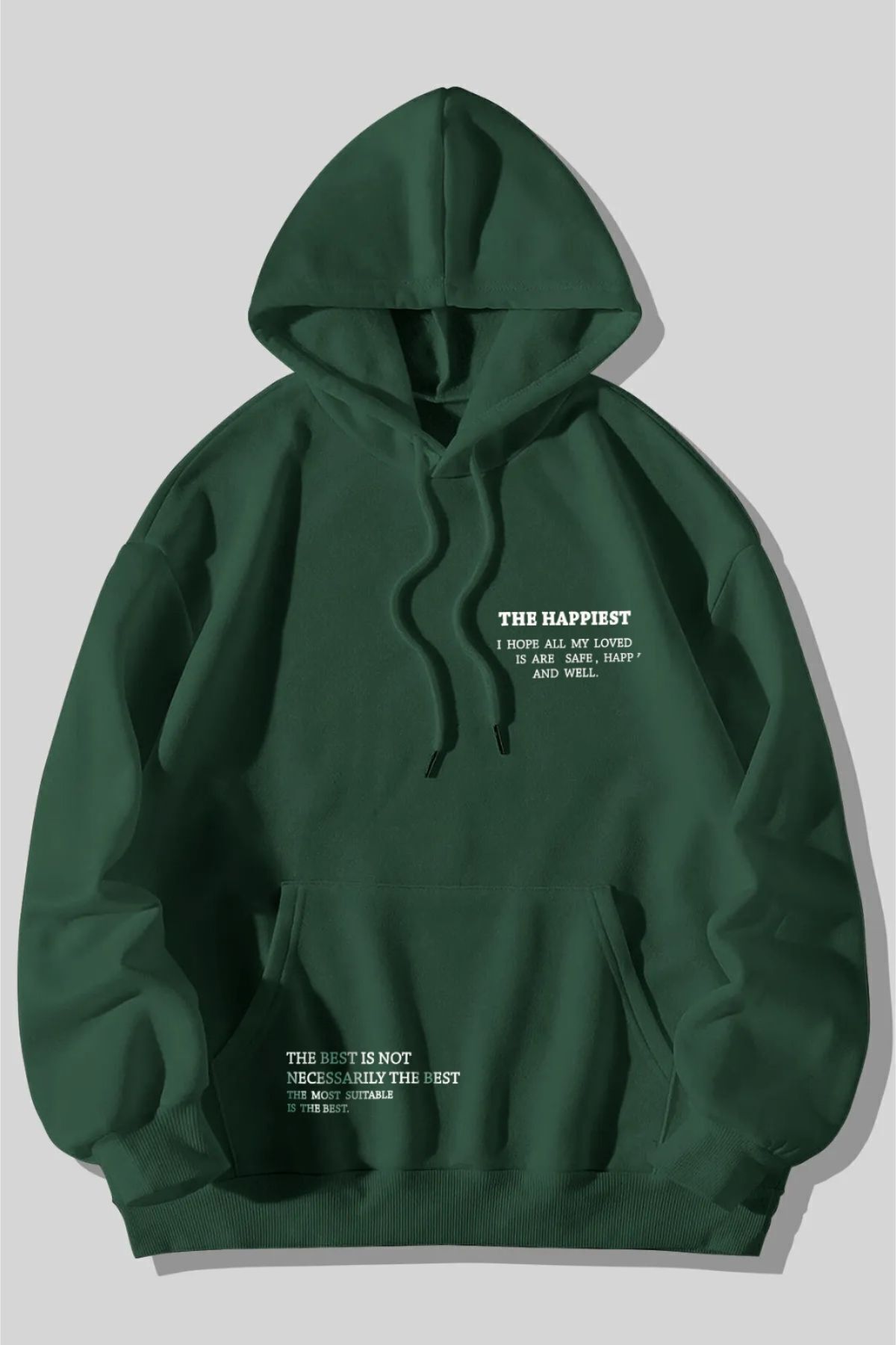 FoxSkin Sportswear&Company The Happiest Kalın Kışlık Sweatshirt - Nefti Yeşil Baskılı Oversize Şardonlu Cepli Kapüşonlu