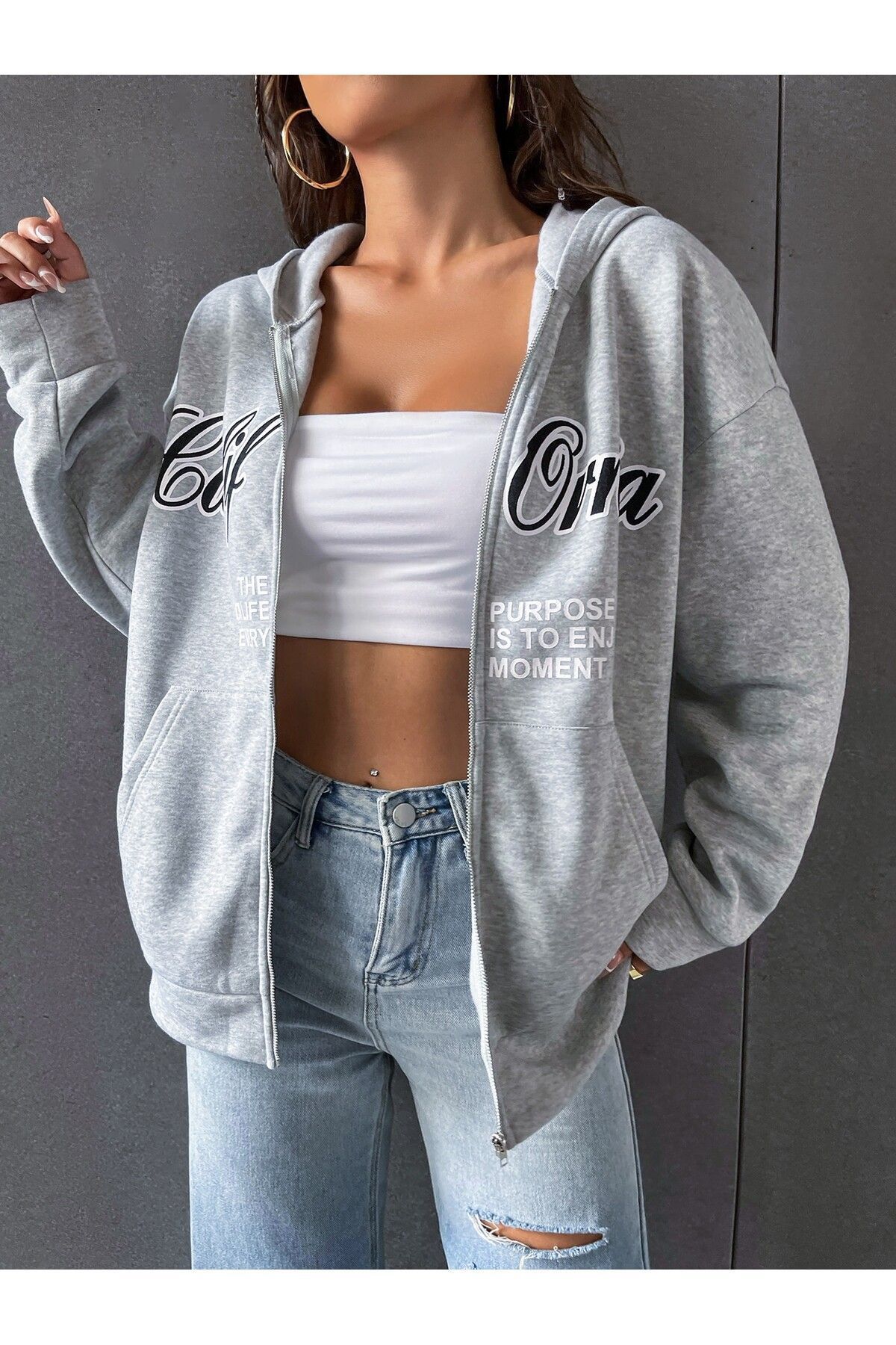FoxSkin Sportswear&Company California Purpose Fermuarlı Kışlık Hırka - Gri Baskılı Oversize Şardonlu Kapüşonlu
