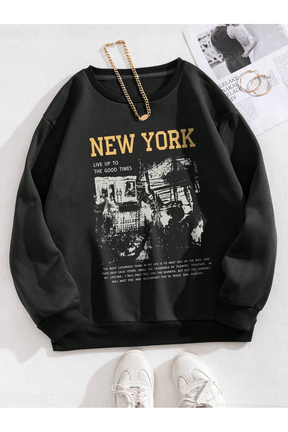 FoxSkin Sportswear&Company New York Live Up Kışlık Sweatshirt - Siyah Baskılı Oversize Şardonlu Bisiklet Yaka