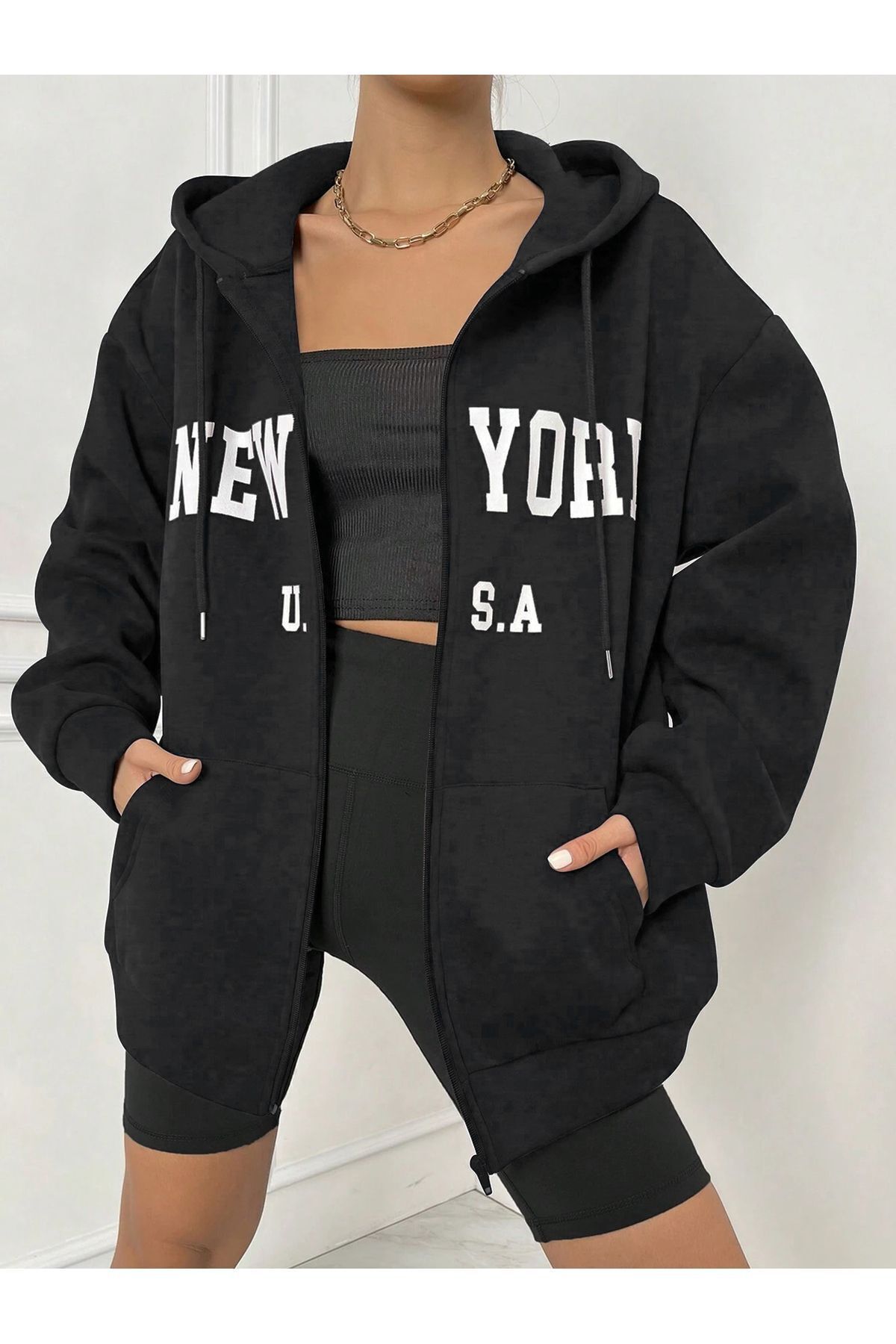 FoxSkin Sportswear&Company New York Fermuarlı Kışlık Hırka - Siyah Baskılı Oversize Şardonlu Kapüşonlu