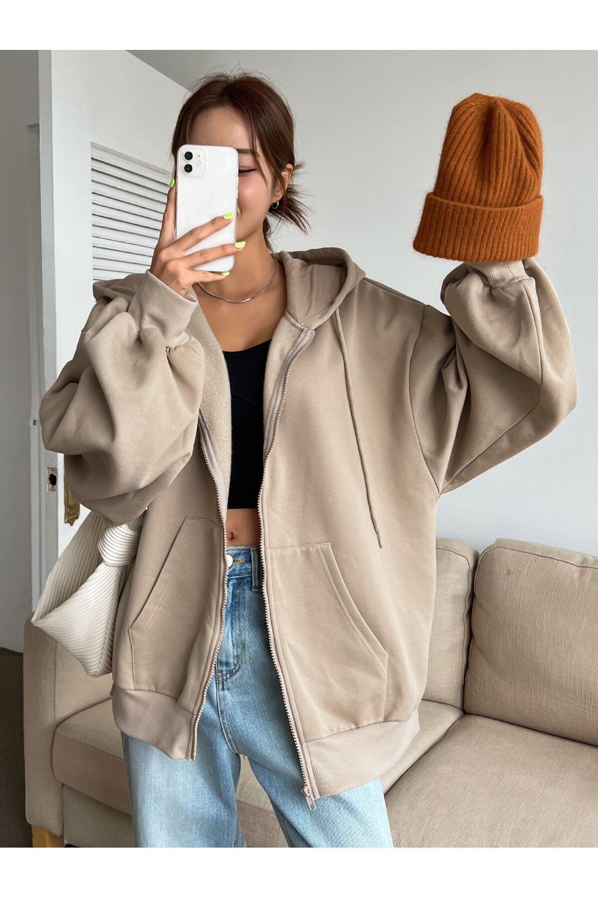 FoxSkin Sportswear&Company Baskısız Fermuarlı Kışlık Hırka - Bej Oversize Şardonlu Kapüşonlu