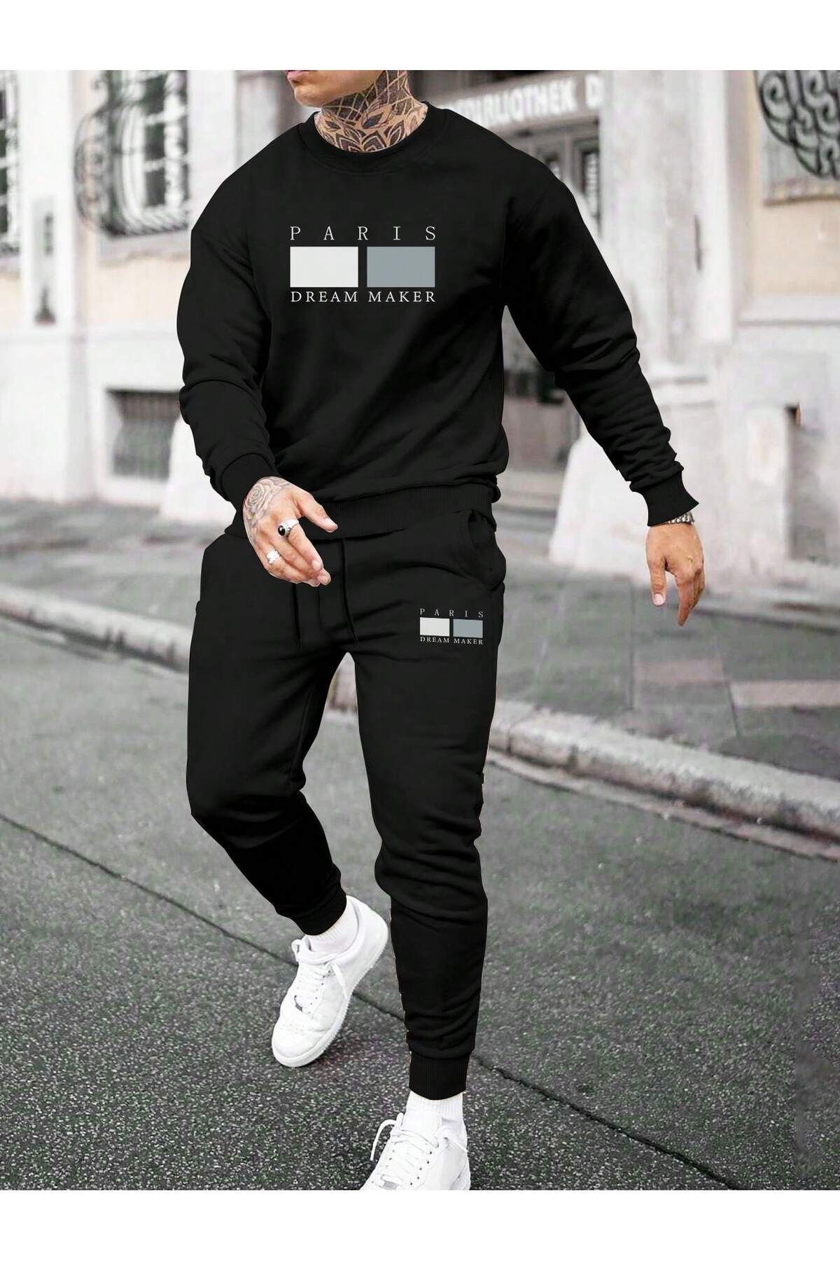 FoxSkin Sportswear&Company Paris Dream Maker Sweatshirt Jogger - Siyah Baskılı Alt Üst Eşofman Takımı Bisiklet Yaka