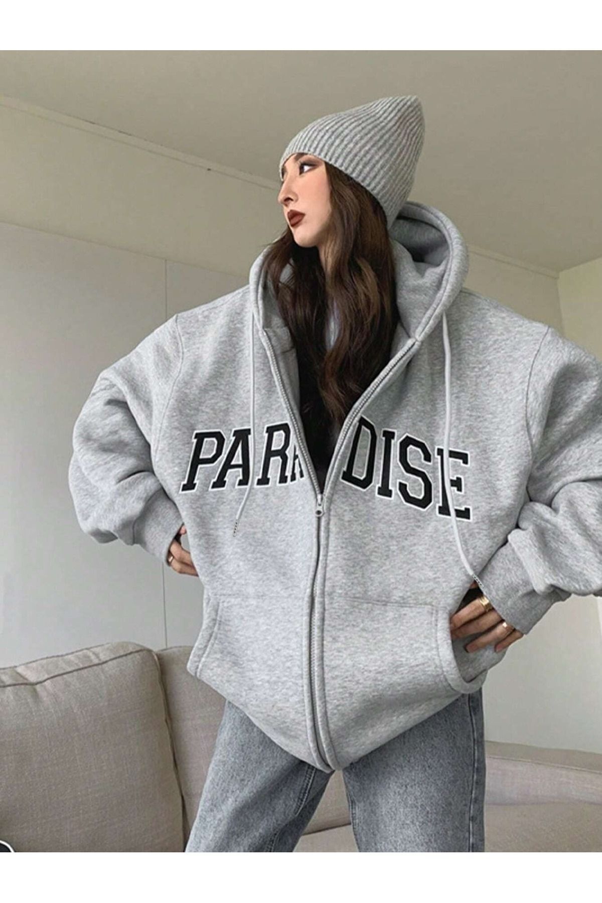 FoxSkin Sportswear&Company Paradise Fermuarlı Kışlık Hırka - Gri Baskılı Oversize Şardonlu Kapüşonlu