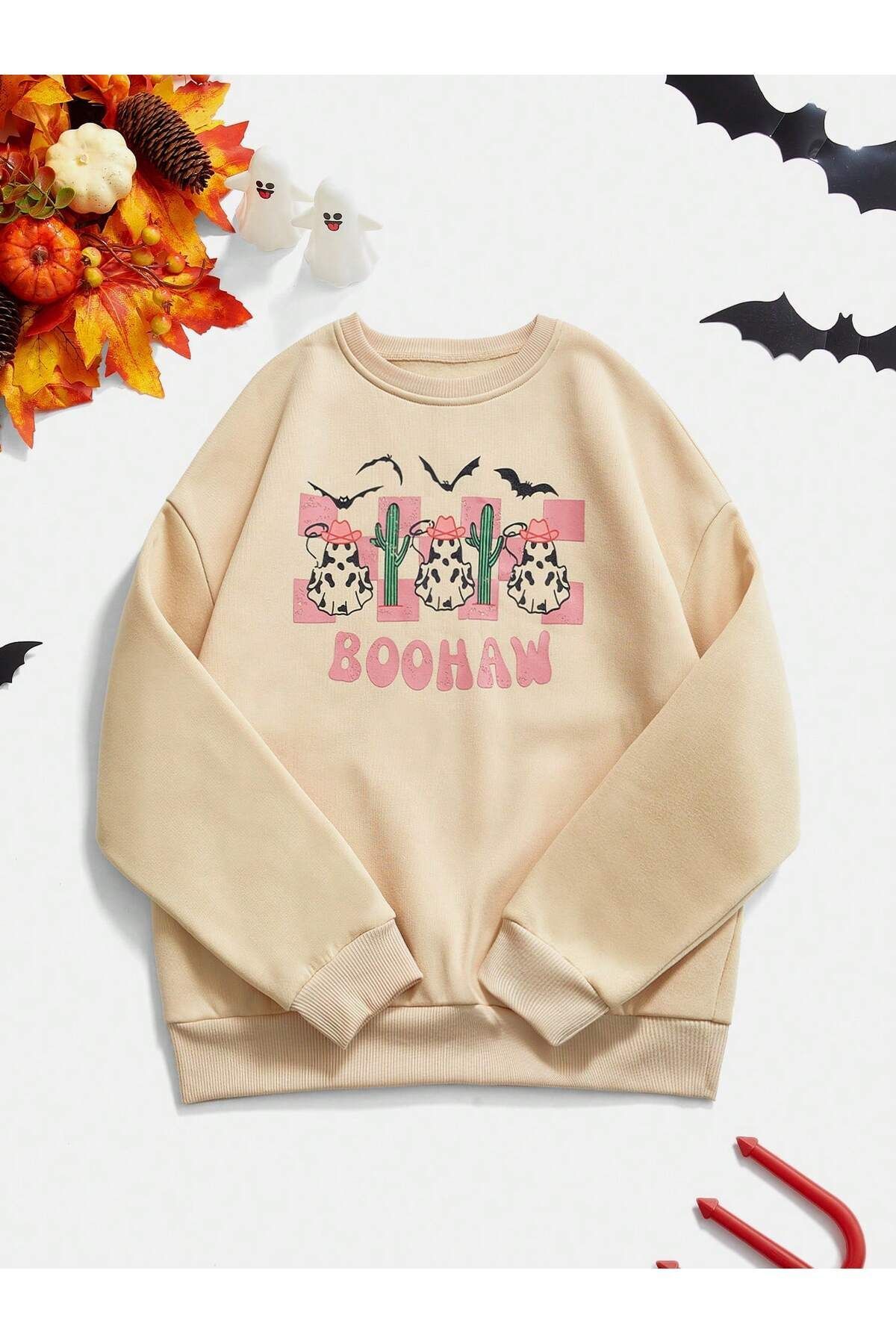 FoxSkin Sportswear&Company Boohaw Kışlık Sweatshirt - Bej Baskılı Oversize Şardonlu Bisiklet Yaka