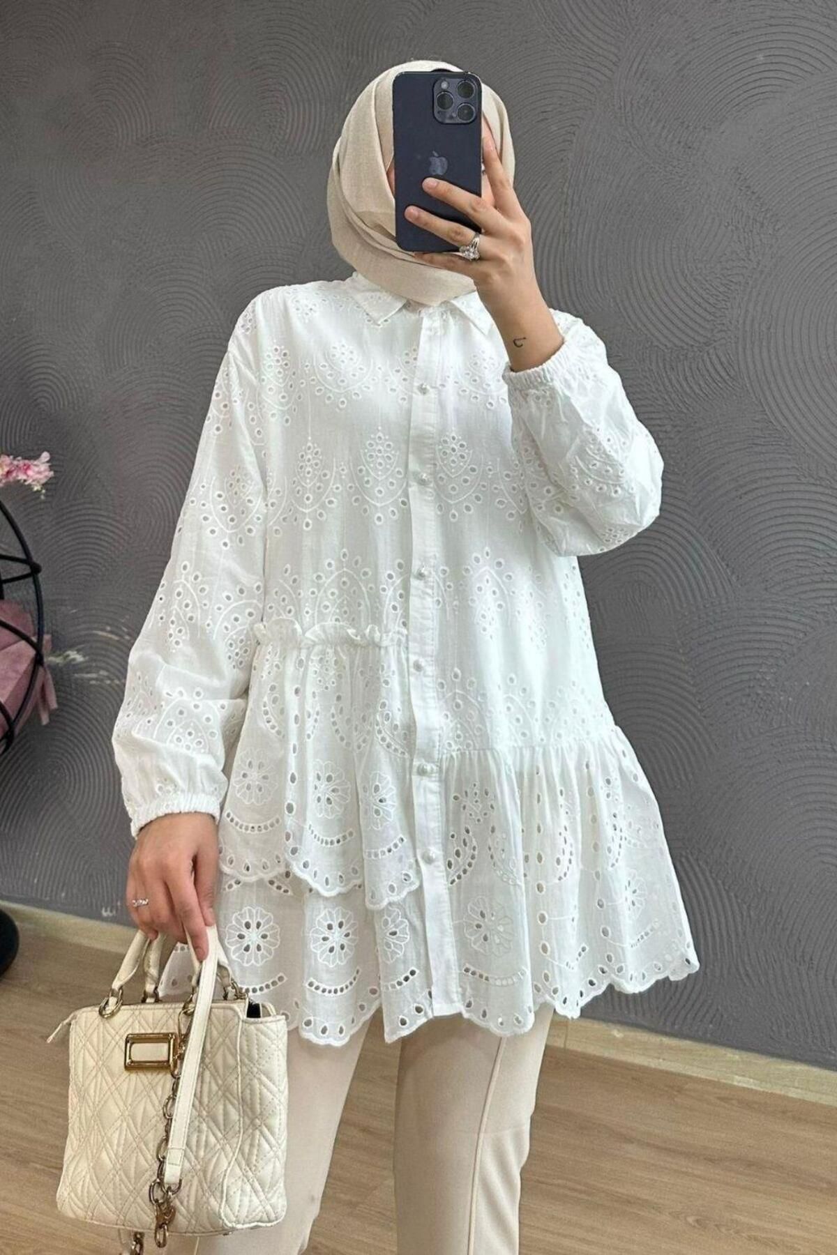 تونیک پوشیده سفید زنانه FISTO TUNIC اورجینال Şule Giyim