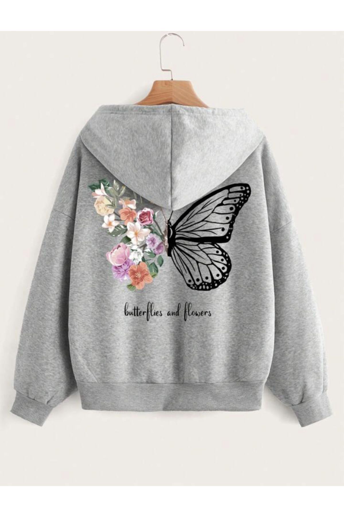 FoxSkin Sportswear&Company Unisex Çiçekli Kelebek Sırt Baskılı Fermuarlı Hırka