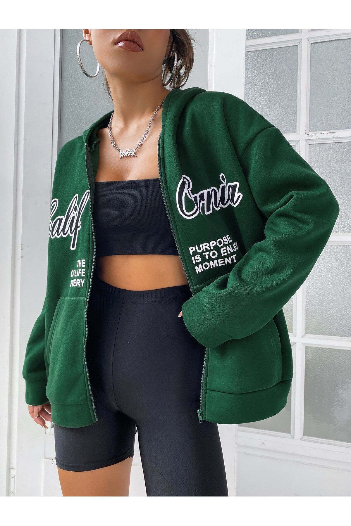 FoxSkin Sportswear&Company California Purpose Fermuarlı Kışlık Hırka - Nefti Yeşil Baskılı Oversize Şardonlu Kapüşonlu