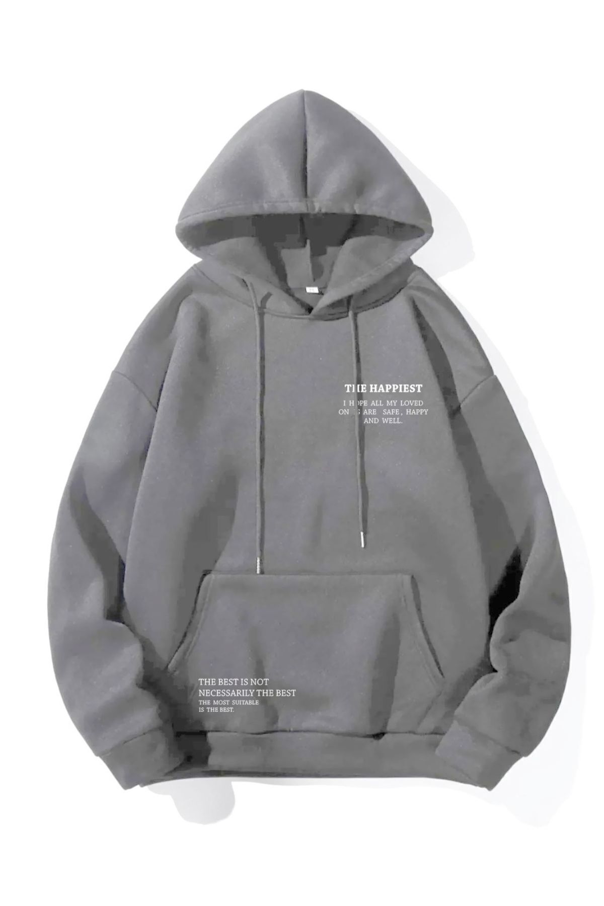 FoxSkin Sportswear&Company The Happiest Kalın Kışlık Sweatshirt - Füme Baskılı Oversize Şardonlu Cepli Kapüşonlu