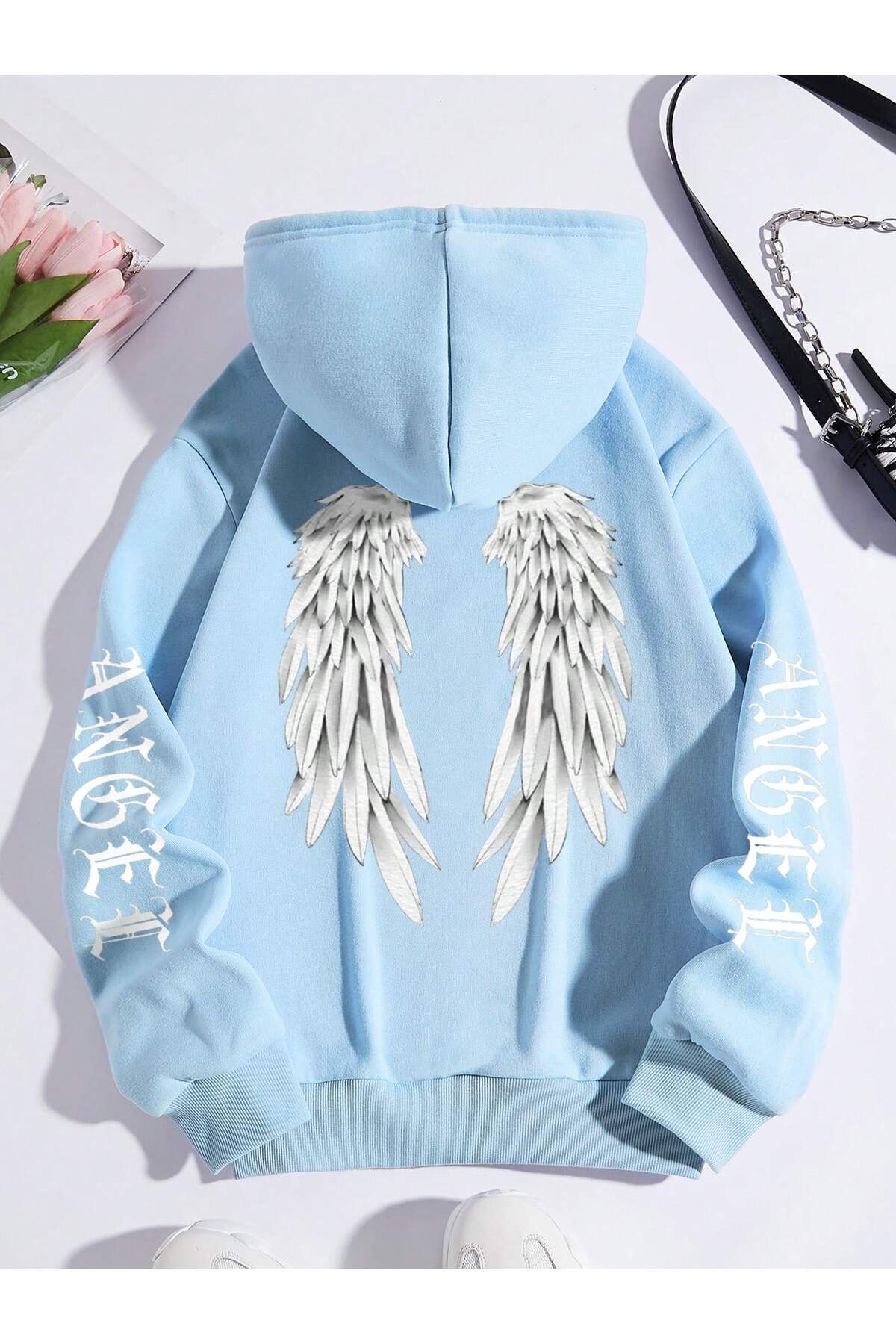 FoxSkin Sportswear&Company Angel Kanat Kalın Kışlık Sweatshirt - Bebe Mavi Baskılı Oversize Şardonlu Cepli Kapüşonlu