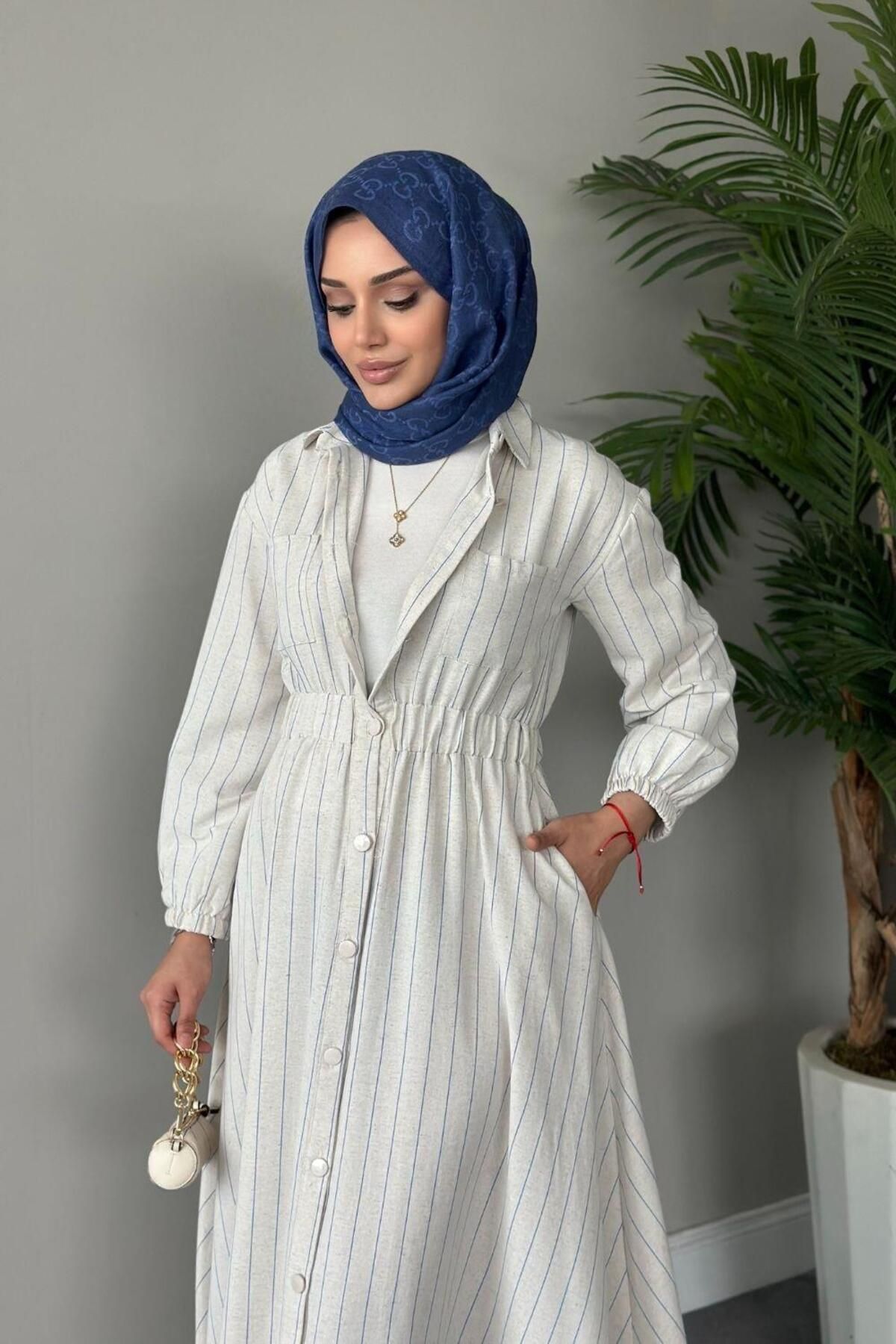 Şule Giyim-Beylem Striped Linen Dress Blue 3