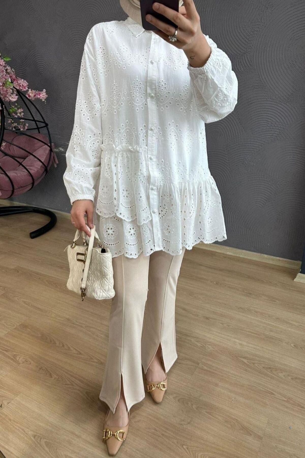 تونیک پوشیده سفید زنانه FISTO TUNIC اورجینال Şule Giyim
