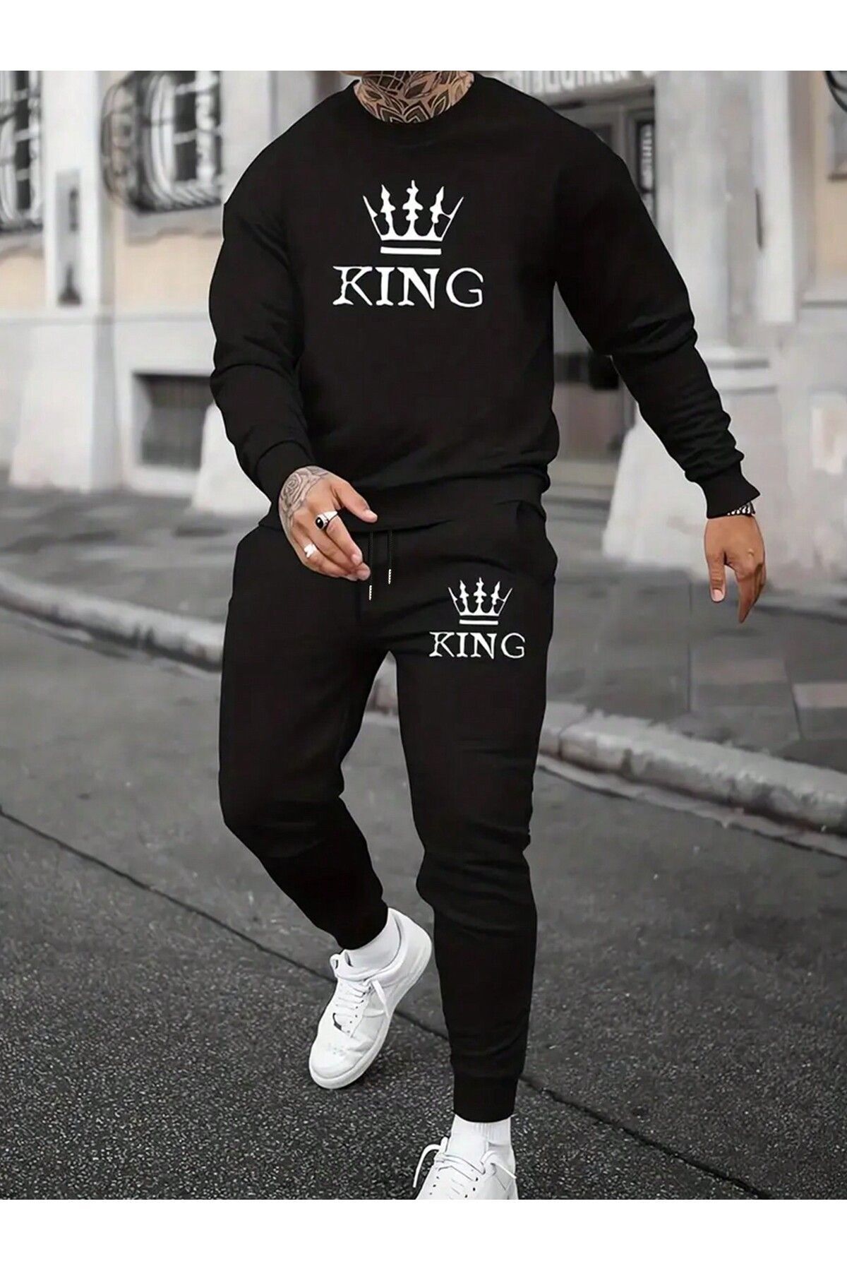 FoxSkin Sportswear&Company Taç King Sweatshirt Jogger - Siyah Baskılı Alt Üst Eşofman Takımı Bisiklet Yaka