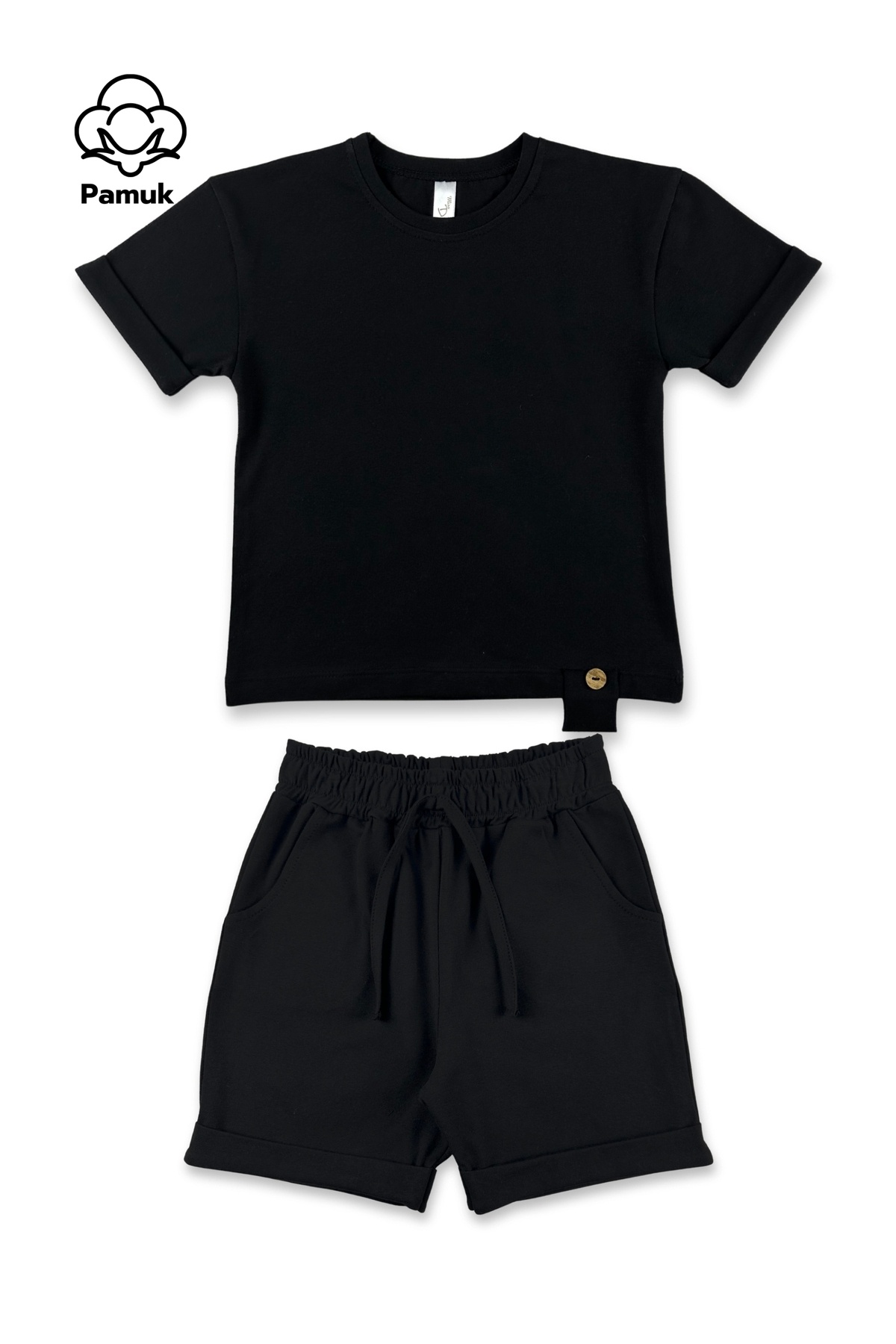 difa kids-Set of Three Wooden Button Design Summer Powder Lilac Black Girl Boy Unisex Bottom Top Set 4