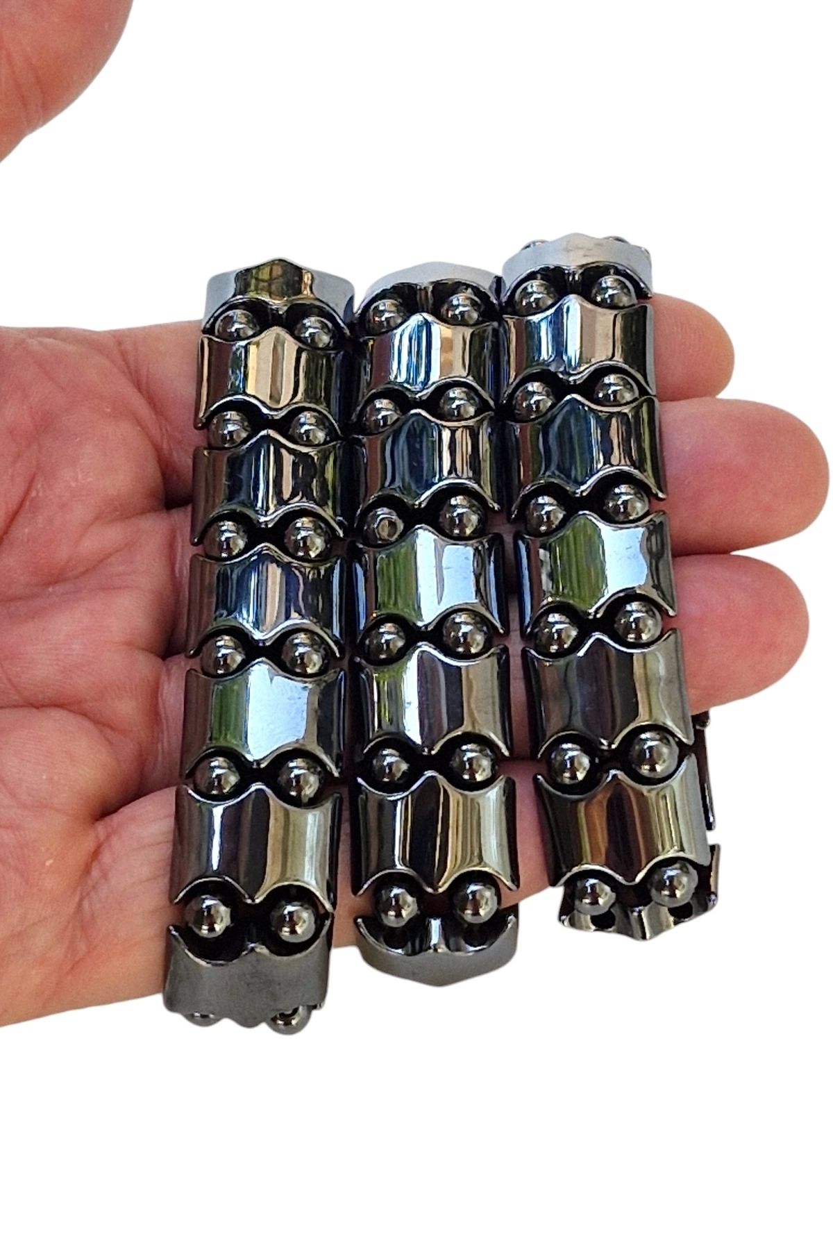 Pozitif Doğal Taş-Elastic Structured Hematite Bracelet - 543-2 3