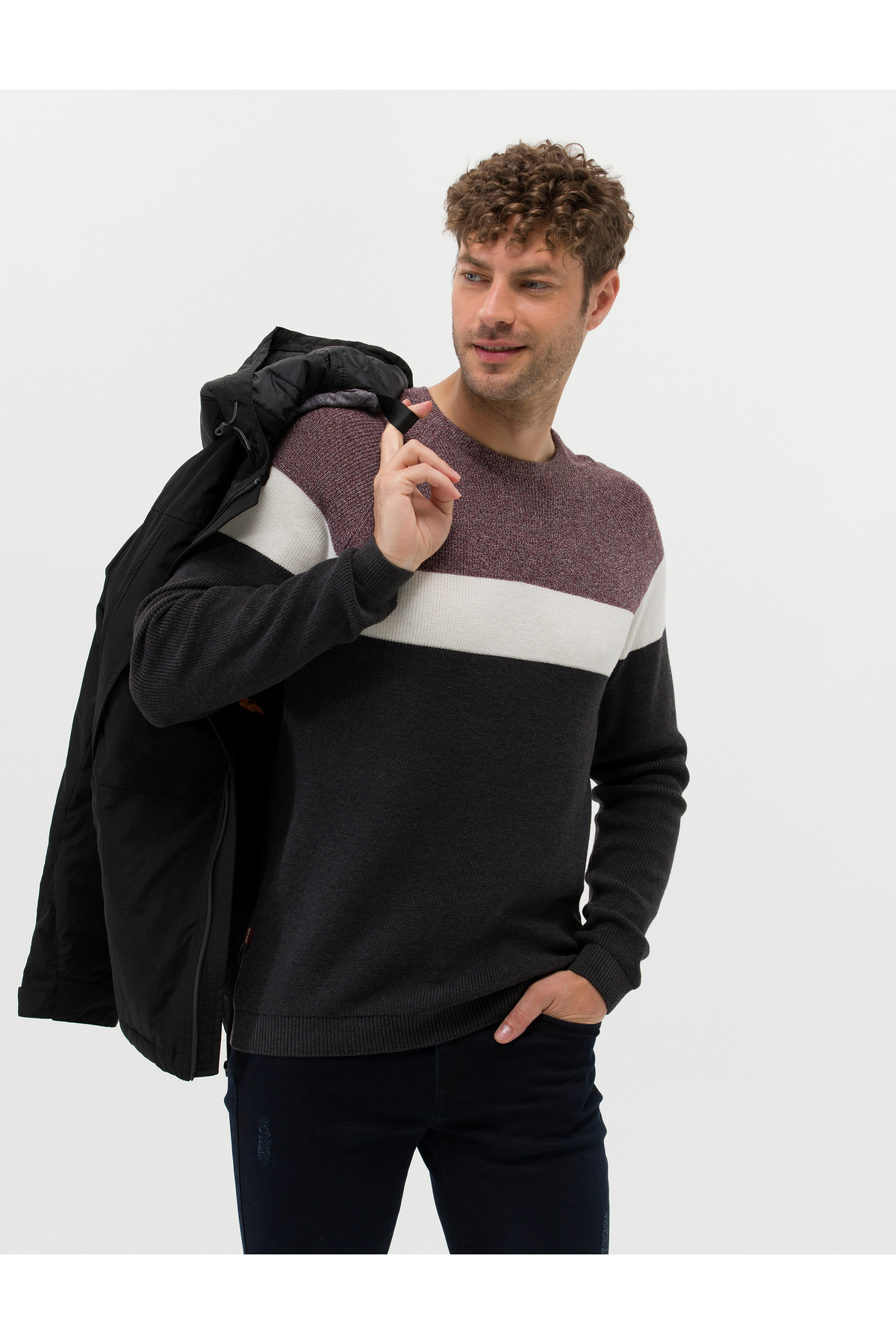 ژاکت بافتنی یقه گرد اسلیم فیت زرشکی 50259863-VR014 پیر کاردین پلیور Pierre Cardin