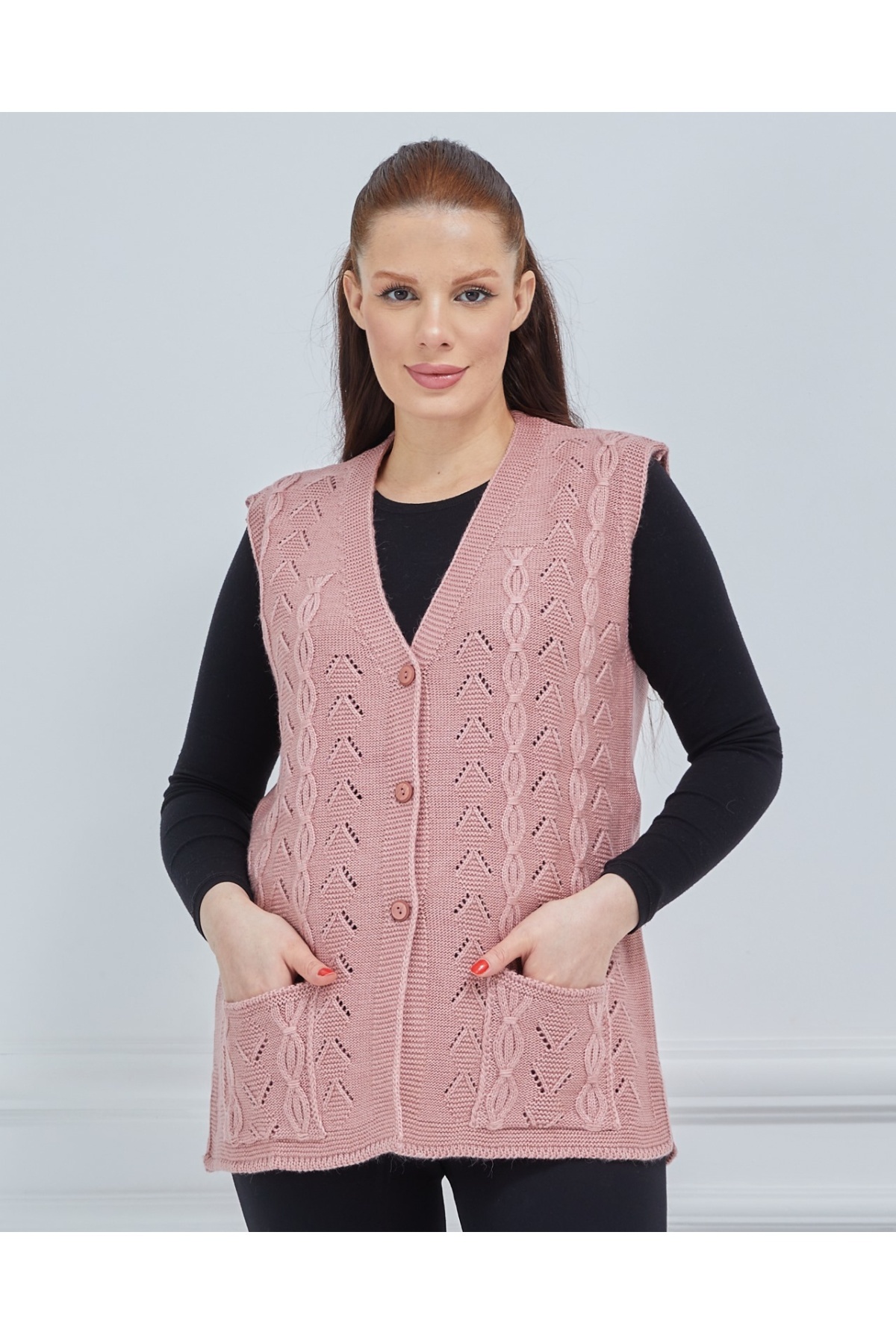 Women's Powder V-Neck Wool Maternity Knitwear Vest with Chain Mesh Pockets