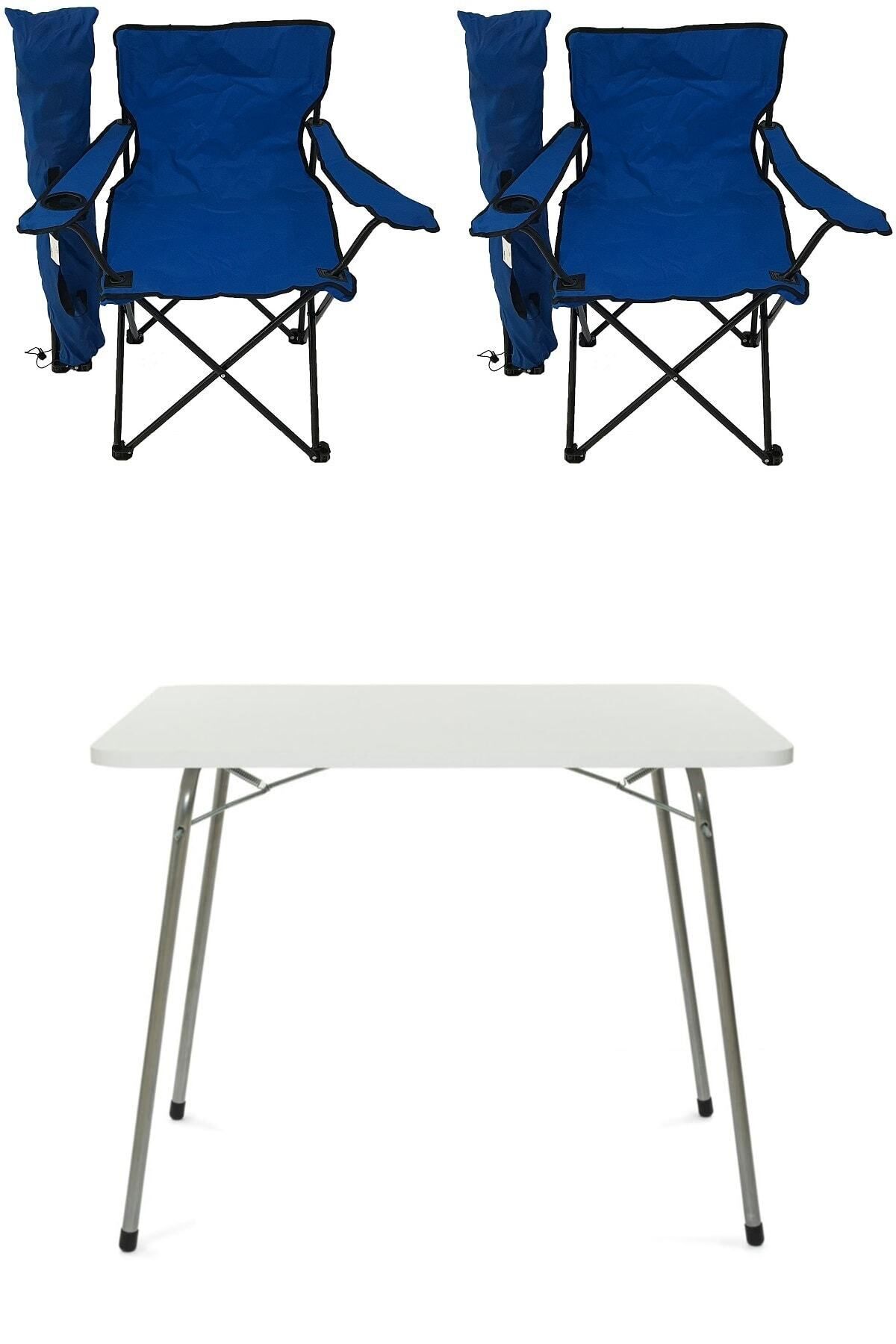 teknotrust Katlanır Masa ve 2 Mavi Kamp Sandalyesi, 60x80 cm, Pratik ve Şık Set